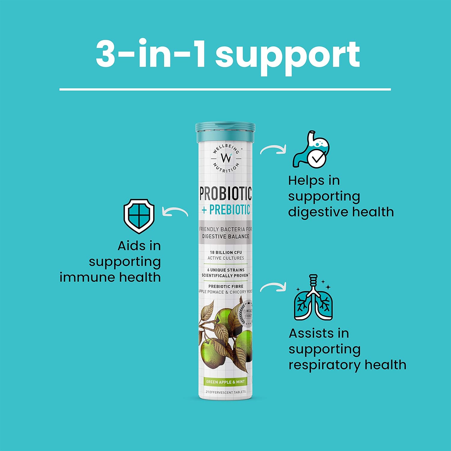 Wellbeing Nutrition Probióticos diarios + prebióticos  Mejora el metabolismo, el alivio de la acidez, la digestión y la salud intestinal  Suplemento