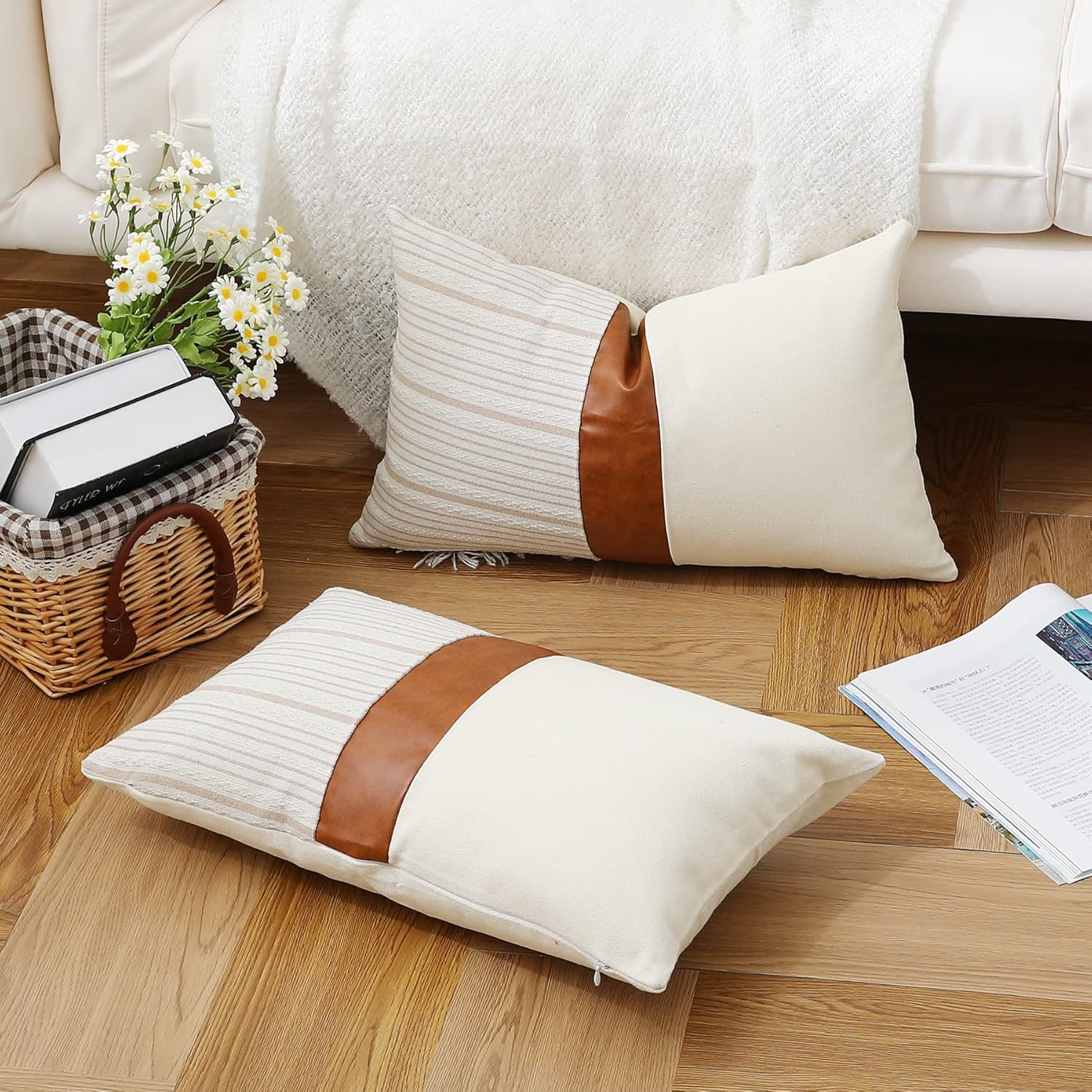 Fundas de almohada de 12 x 20 pulgadas, fundas de almohada de cuero sintético de algodón marrón claro, fundas de almohada decorativas para el hogar,