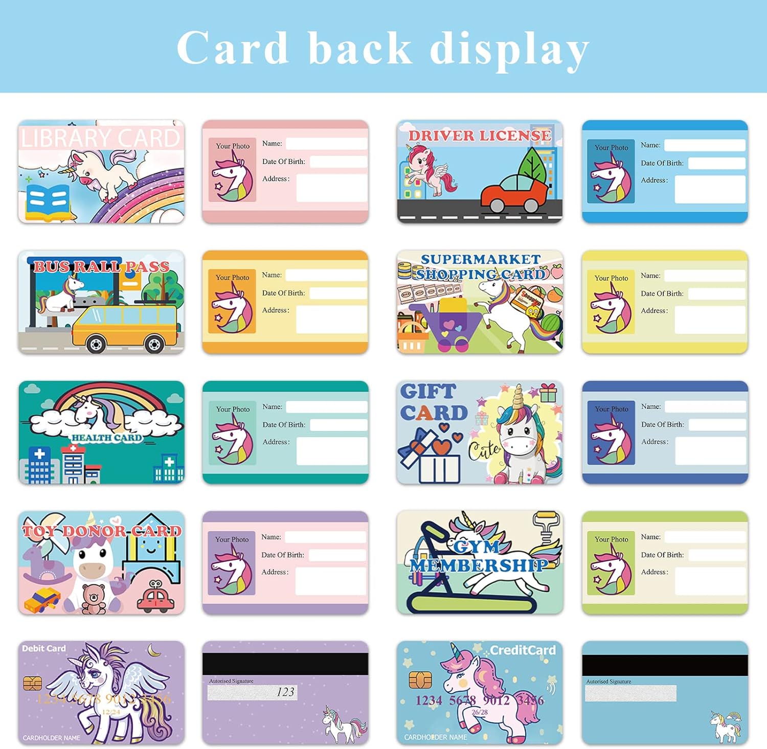 Tarjetas de crédito falsas para niños, tarjetas de crédito de unicornio para niñas, licencia de conducir, tarjetas de juego de membresía, tarjetas