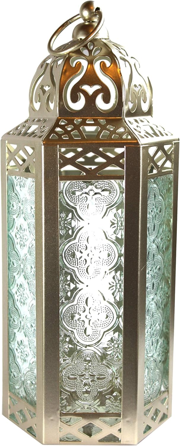 Vela Lanterns – Farol portavelas decorativo, estilo marroquí, color blanco y dorado, cristal transparente, tamaño mediano