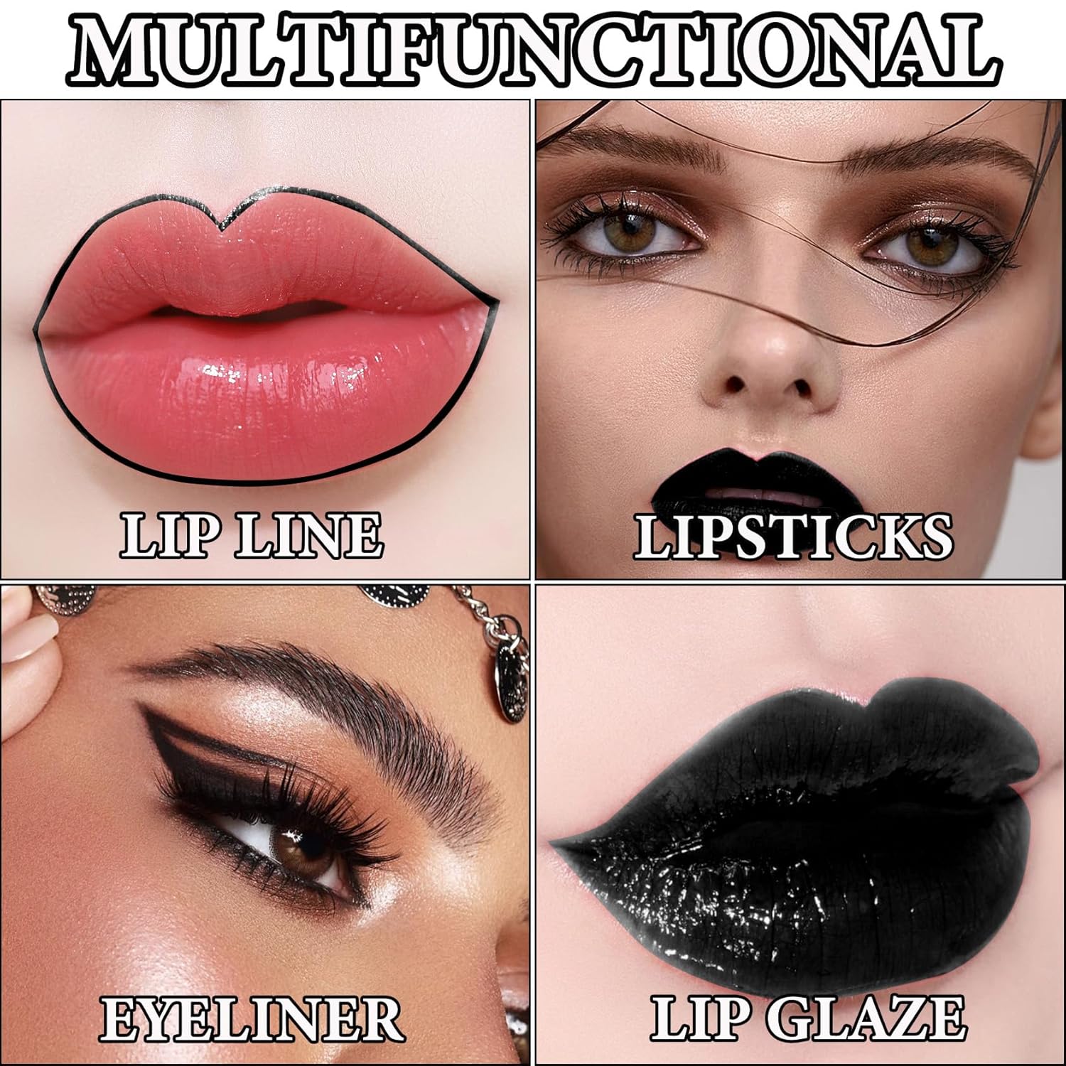 Juego de 3 lápices labiales y delineador de labios líquido mate negro mate, alto pigmentado, brillo de labios, juego de delineadores de labios