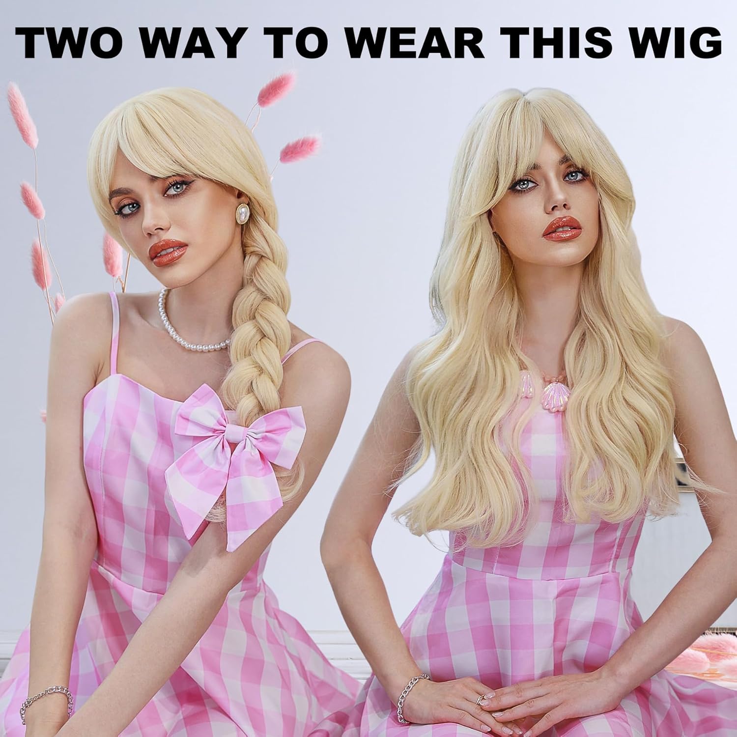 7JHH WIGS Peluca rubia larga ondulada de 24 pulgadas, fibra sintética resistente al calor, rizada, rubio platino, con flequillo, para mujeres,