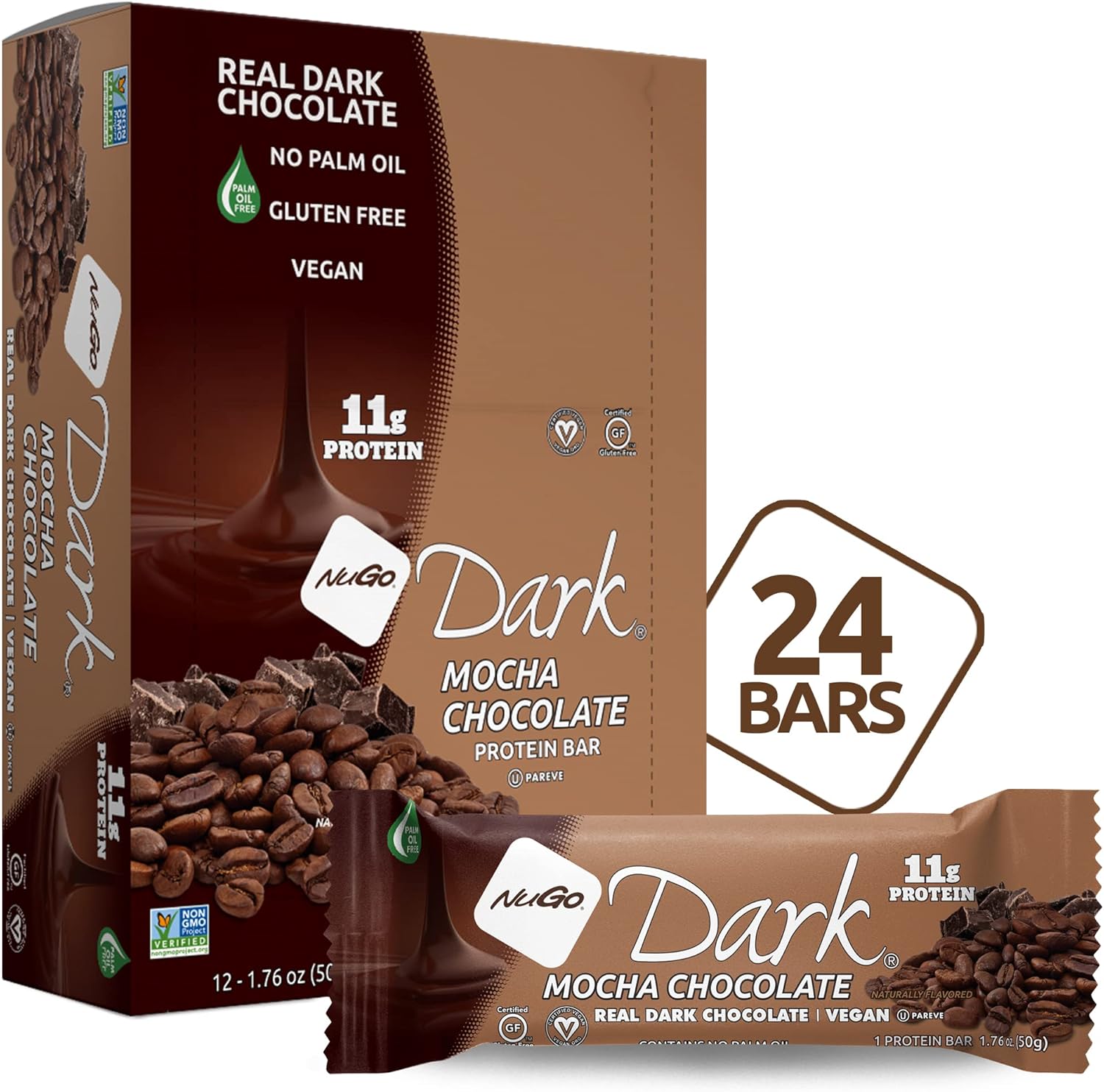 NuGo Moca de chocolate oscuro, 0.39oz de proteína vegana, 200 calorías, sin gluten, 24 unidades