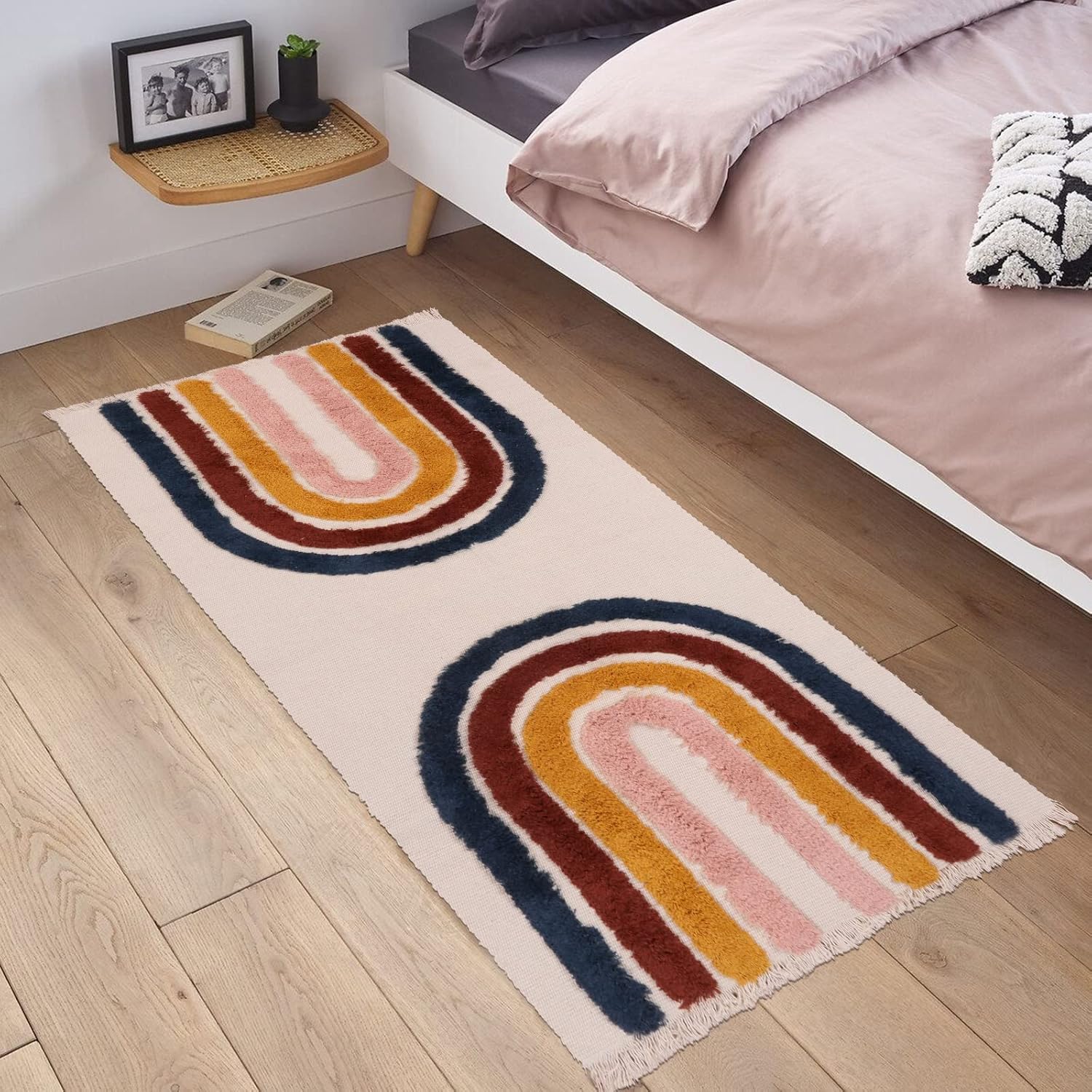 Ailsan Alfombra bohemia para dormitorio, de 2 x 4.3 pulgadas, de algodón, lavable a máquina, con borlas, para cocina, tapete colorido de arcoíris,