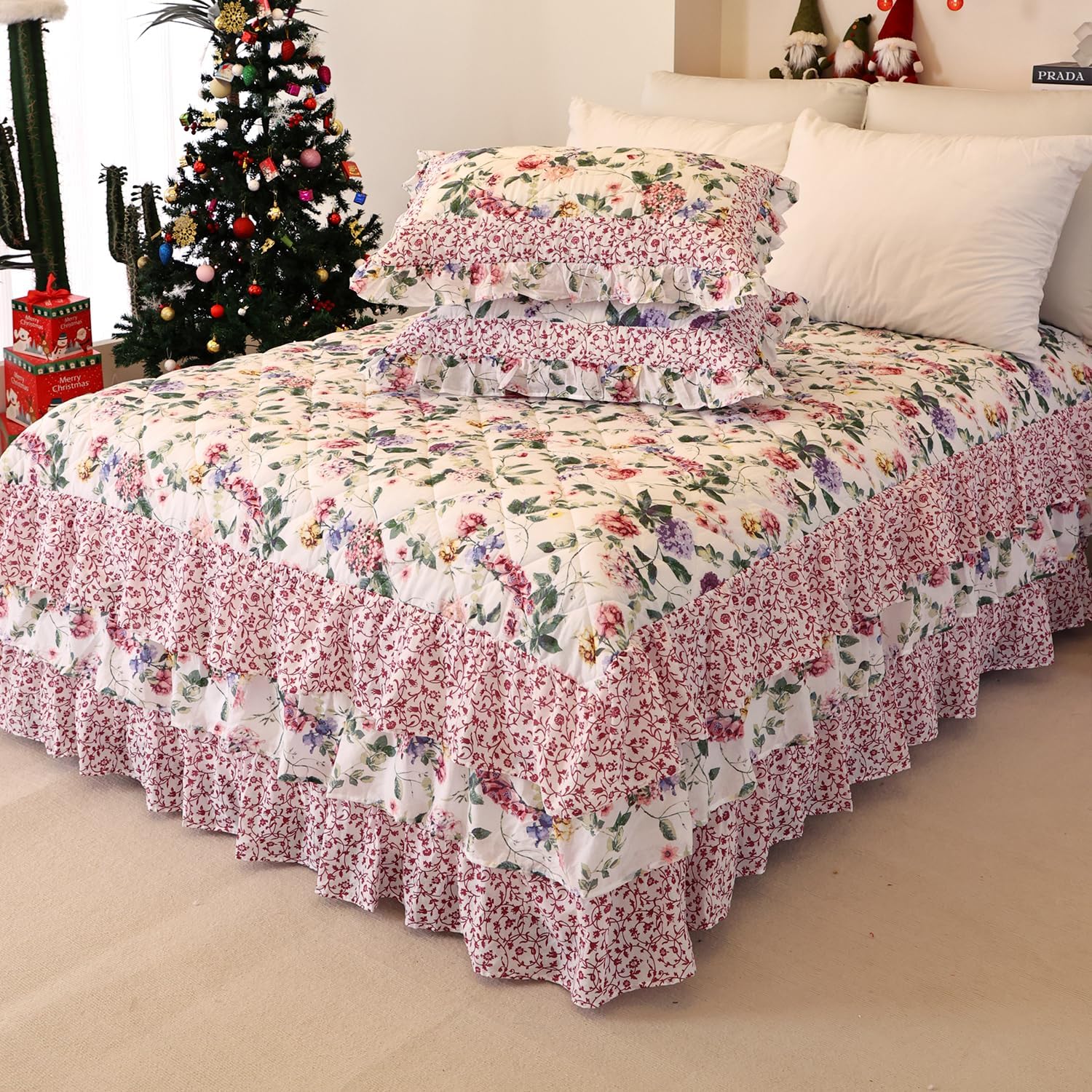 EVENHUG Falda de cama 100% algodón, tamaño matrimonial, con volantes, color rosa, floral, con 2 fundas de almohada de 20 pulgadas, falda de cama de