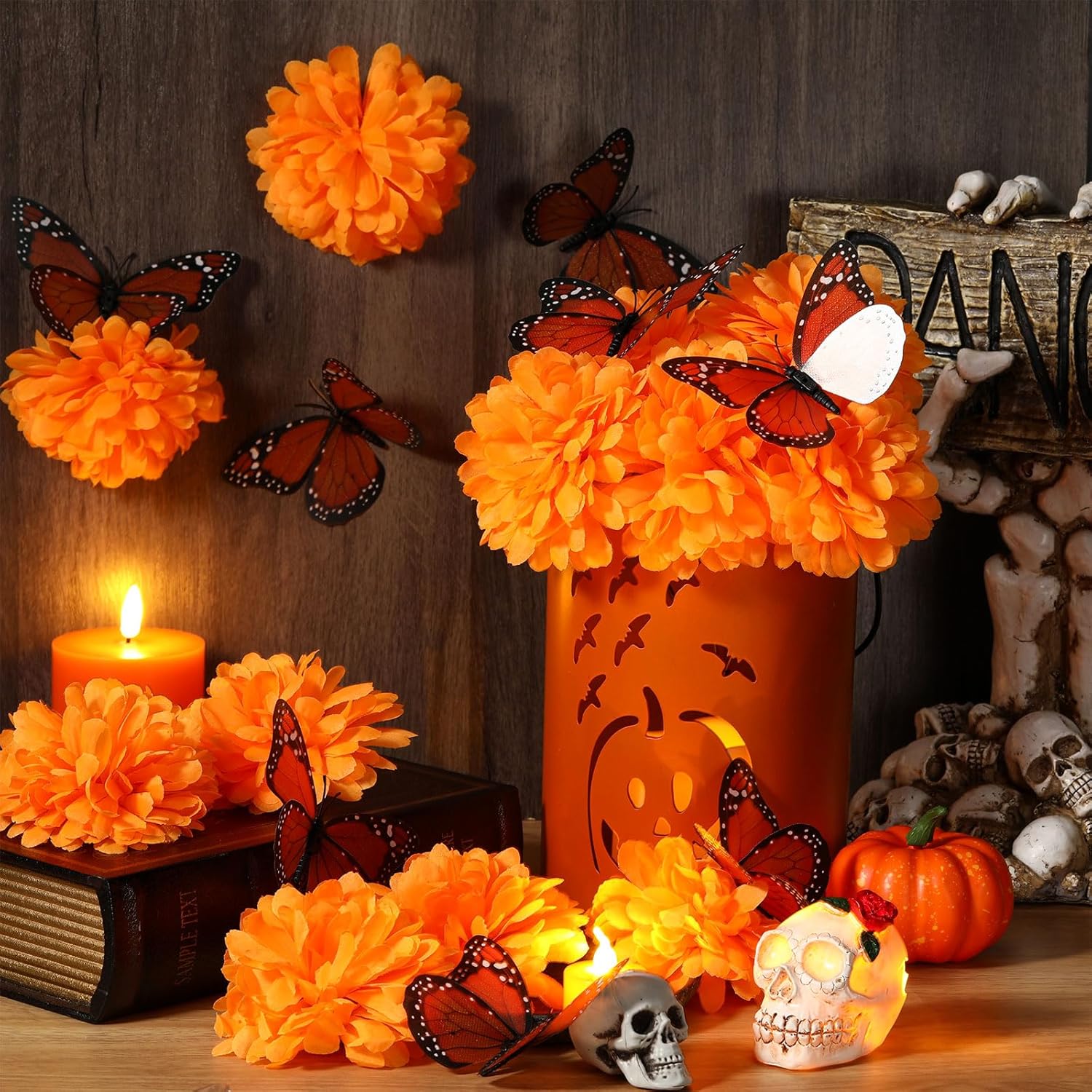 92 piezas de decoración de Día de los Muertos, 80 flores artificiales de caléndula con 12 mariposas monarca falsas y caléndulas naranjas para