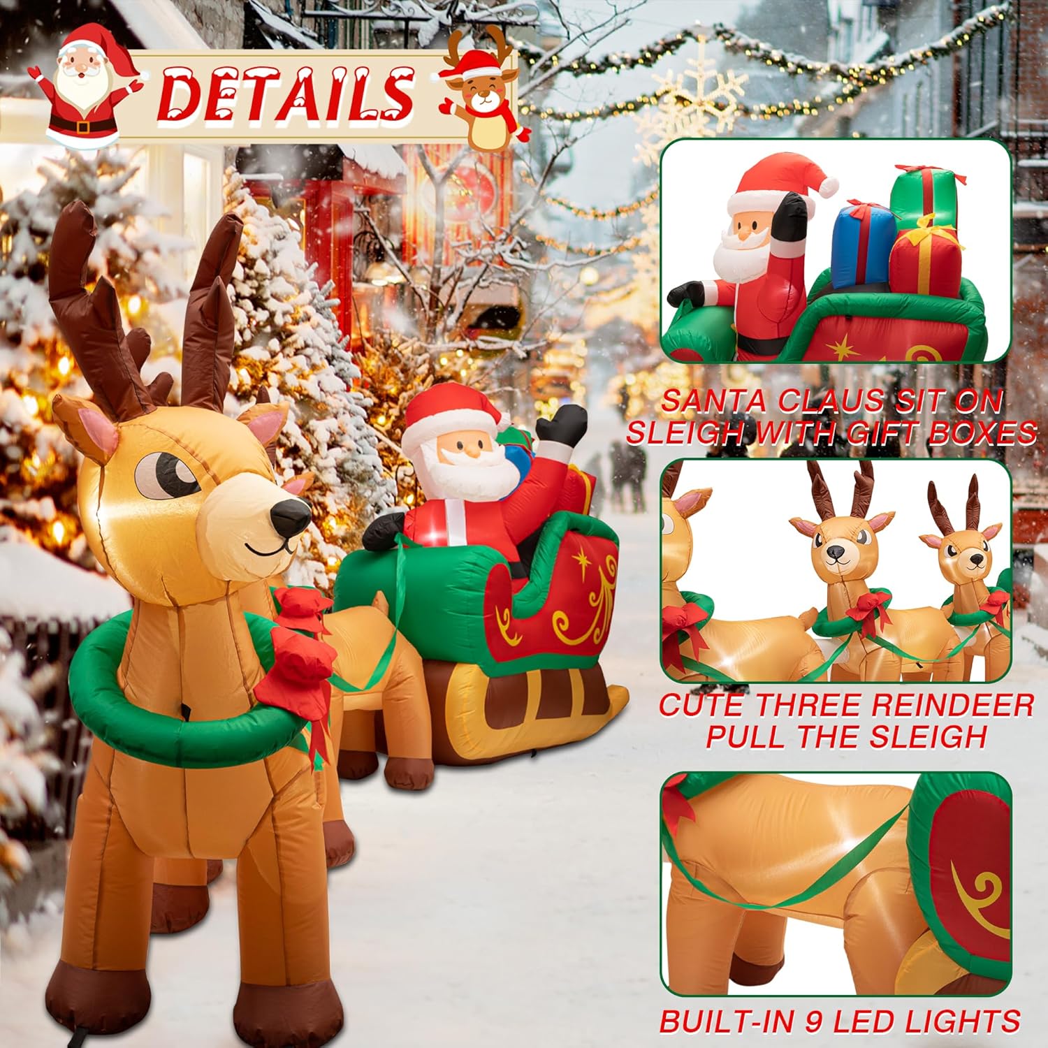 Inflables de Navidad iluminados de 12 pies, Papá Noel en trineo con 3 renos y cajas de regalo, decoraciones inflables gigantes de Navidad, luces LED