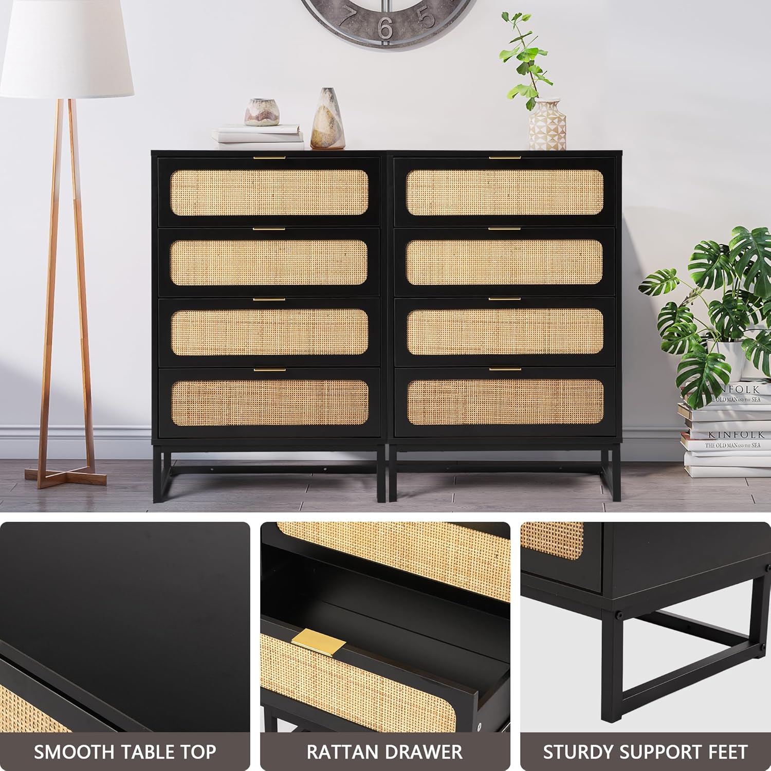 Cómoda de 4 cajones para dormitorio, cómoda de ratán, cómoda de armario, cómoda de almacenamiento de madera alta para sala de estar, dormitorio de