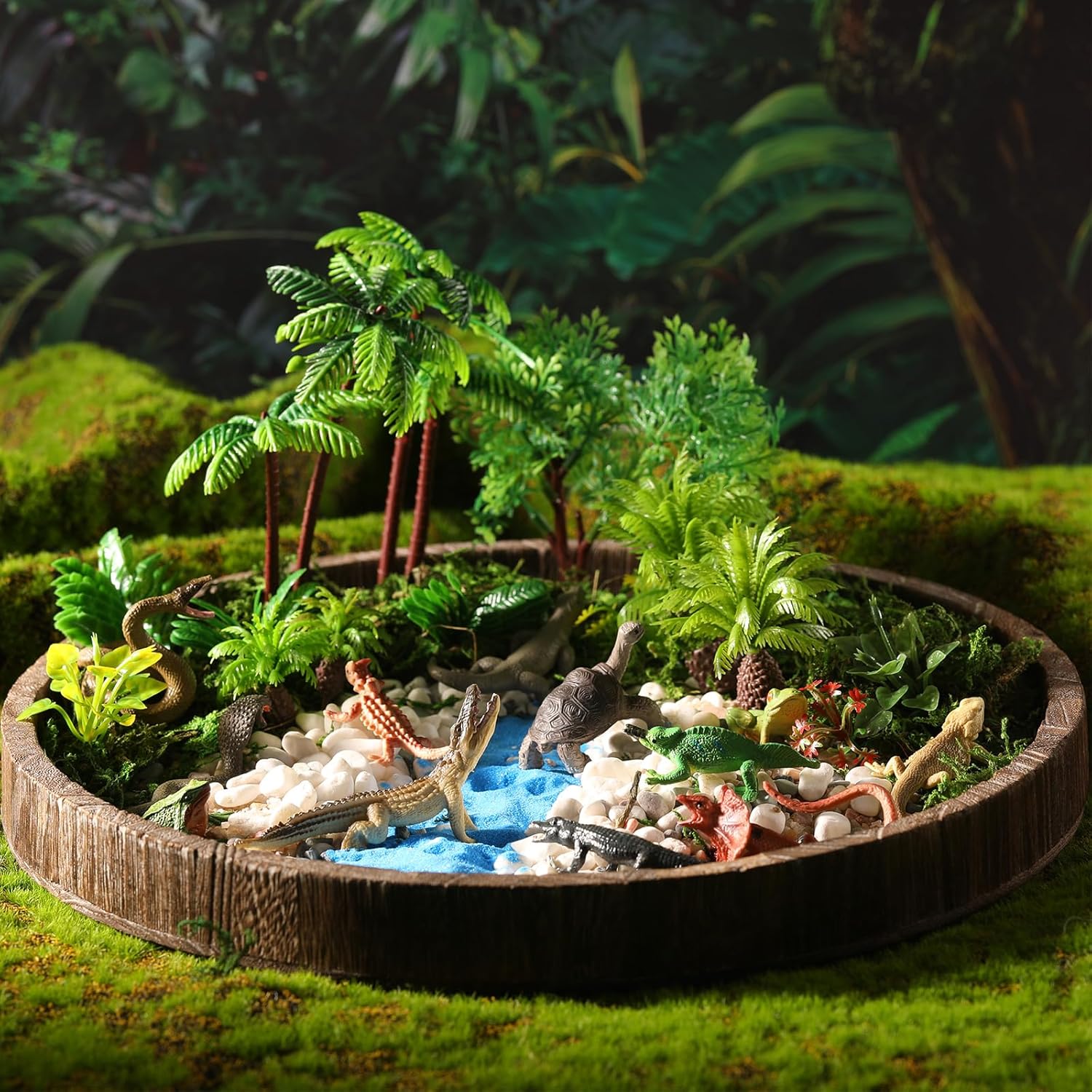 Sratte Juego de 26 figuras de anfibios de sangre fría, kit de árboles modelo con Komodo dragón, lagarto, serpiente, camaleón, juguete, kit de