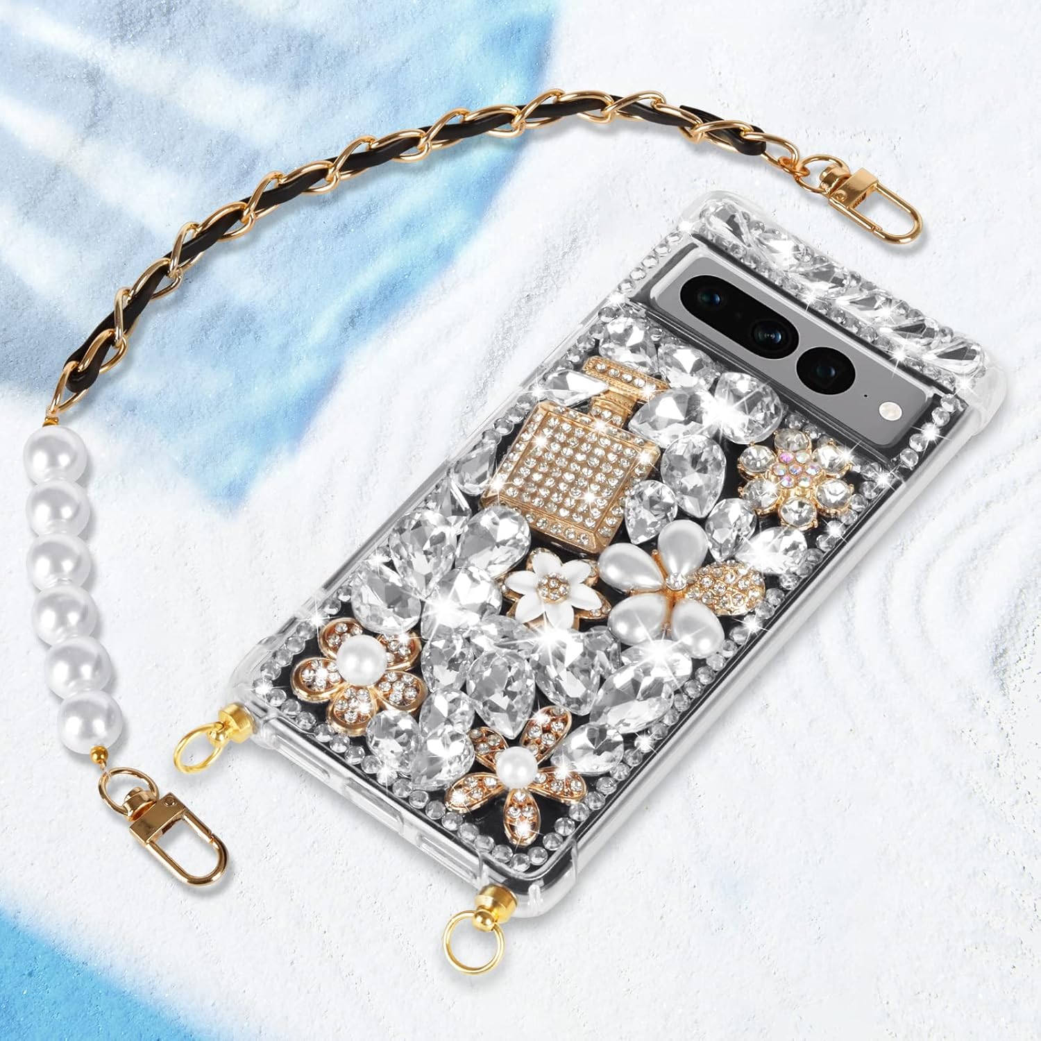 Leiju Case Funda para Google Pixel 7 con diseño de correa con purpurina, 3D hecha a mano con piedras brillantes de cristal y diamantes brillantes