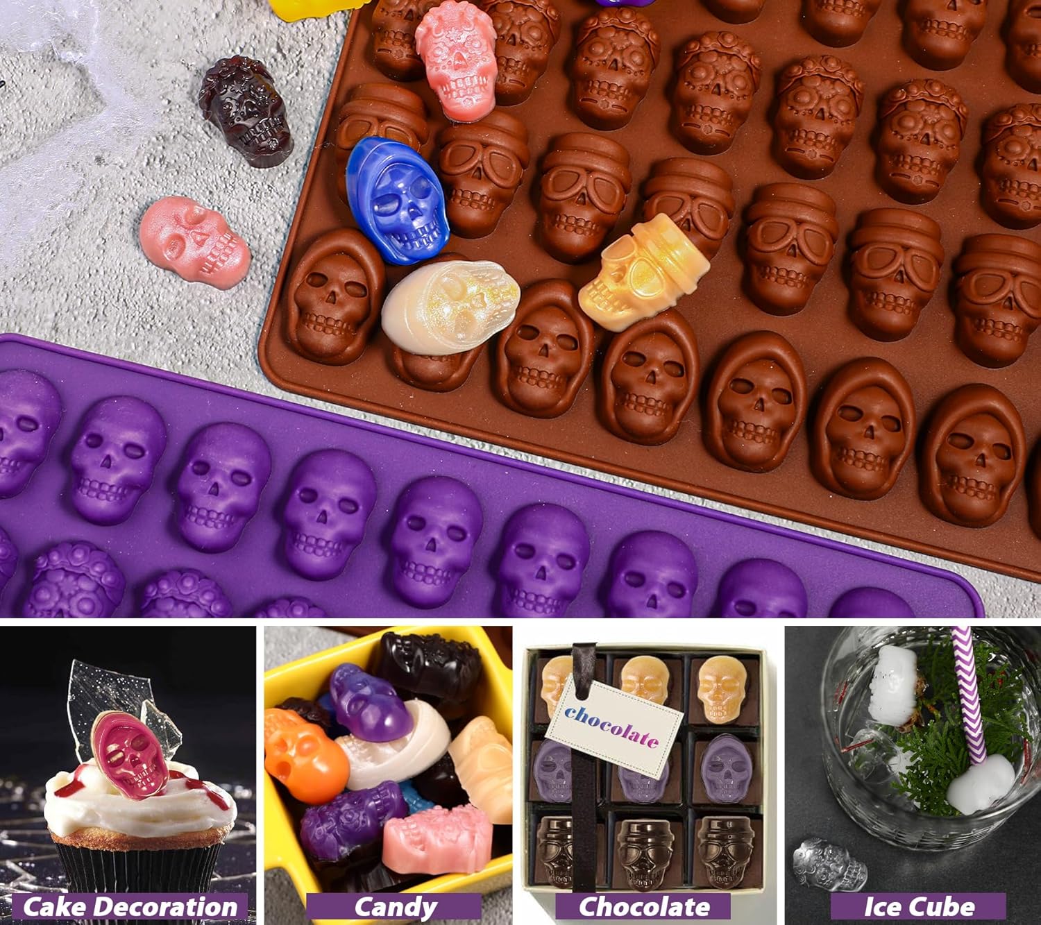 Webake Molde de caramelo de calavera gomosa, 36 cavidades de calavera de Halloween, molde de silicona para caramelos, chocolate, dulces, gelatina,