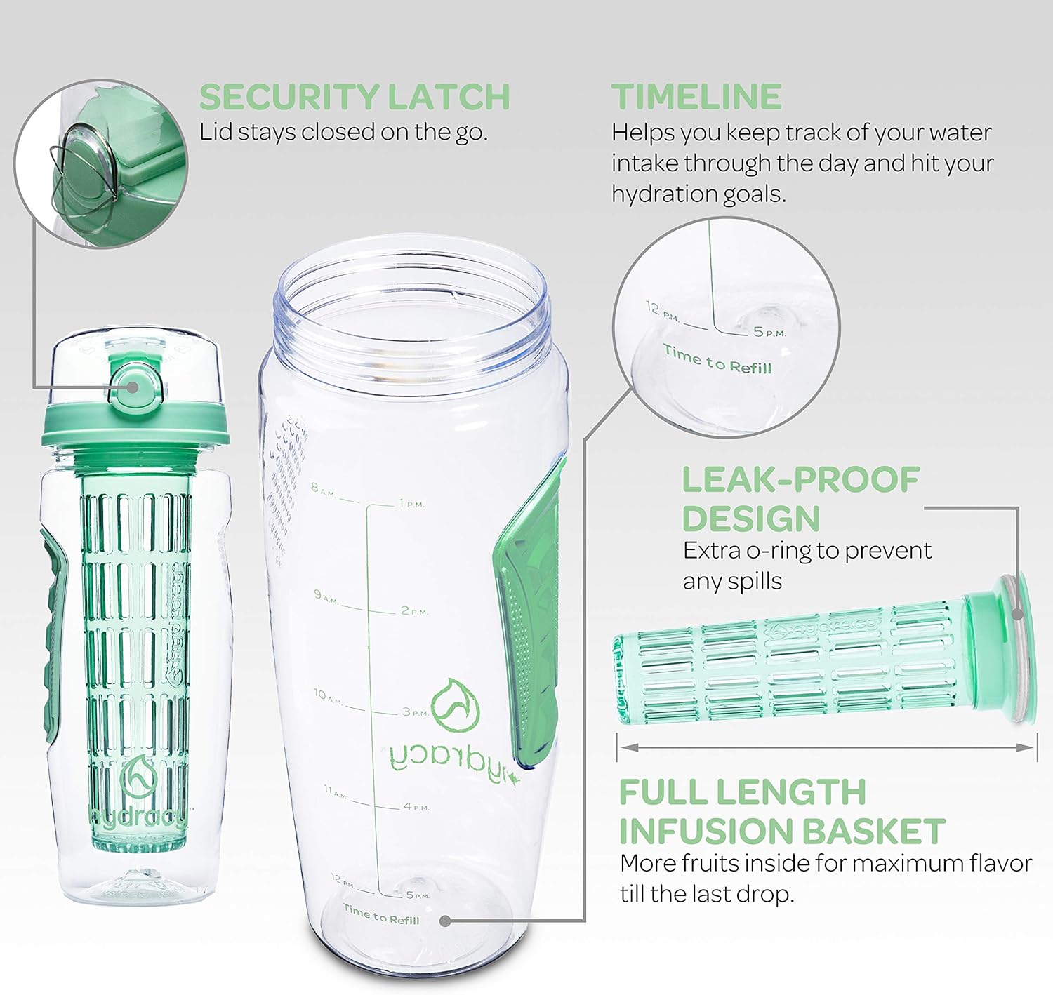 Hydracy – Botella de agua deportiva con infusor de frutas, 32 onzas, barra de infusión de longitud completa y marca de tiempo + regalo de libro