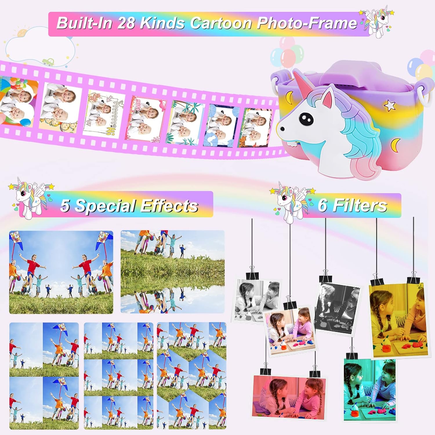 Unicorn Kids Camera for Girls, Christmas Birthday Gifts for Girls Age 3-8, HD Selfie Digital Video Camera for Toddler, Cute Toy Camera with 32GB SD