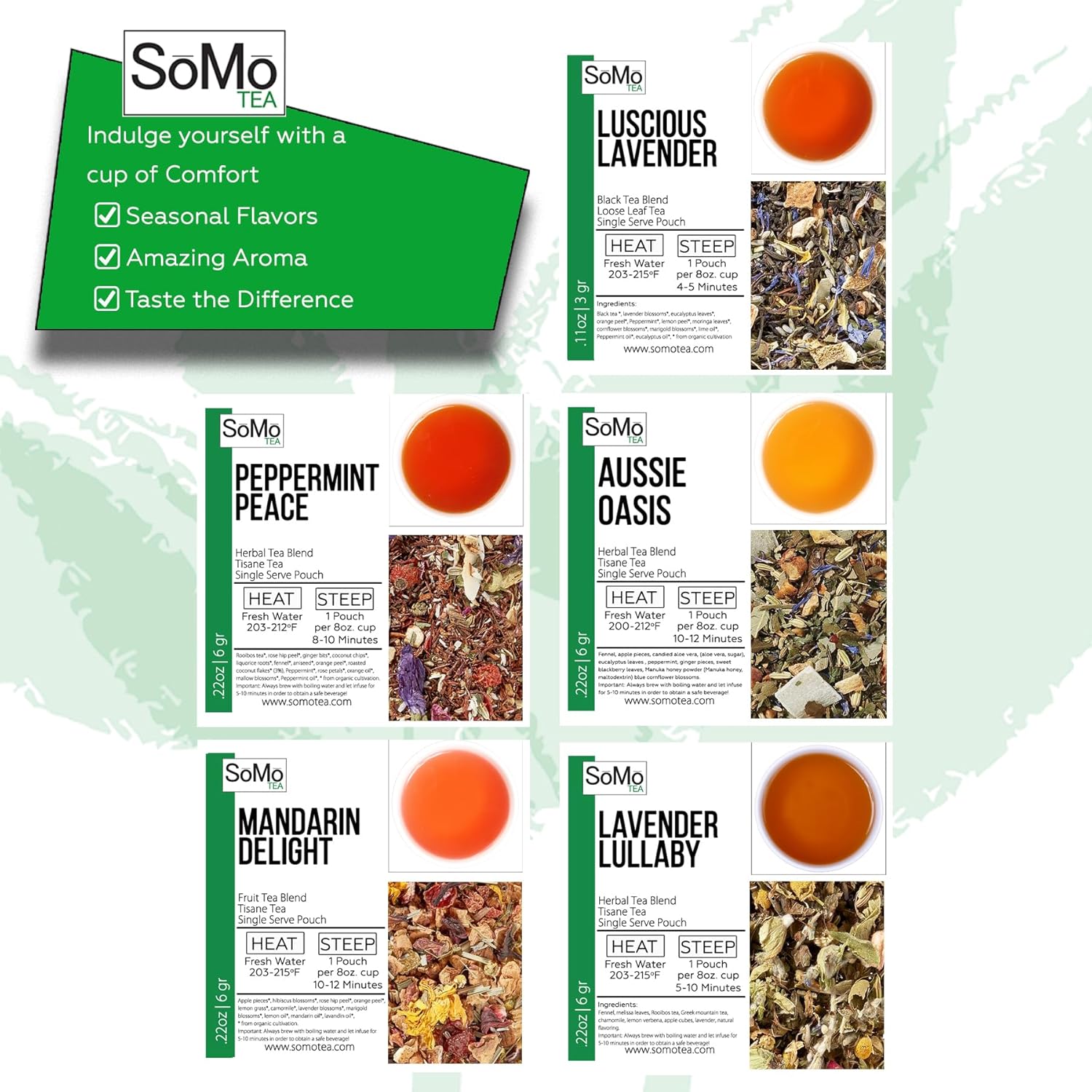 SoMo Tea  Herbal Wellness  Juego de muestras de té de hojas sueltas de 10 sabores surtidos, 30 bolsas individuales de mezclas de té de hierbas,