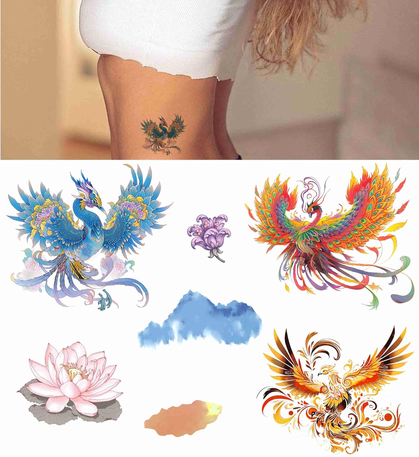 Tattoonova 18 hojas de tatuajes temporales para mujer, pájaros, fiesta, favores de fiesta de fénixes, manga corporal, cara, loto, tatuajes falsos