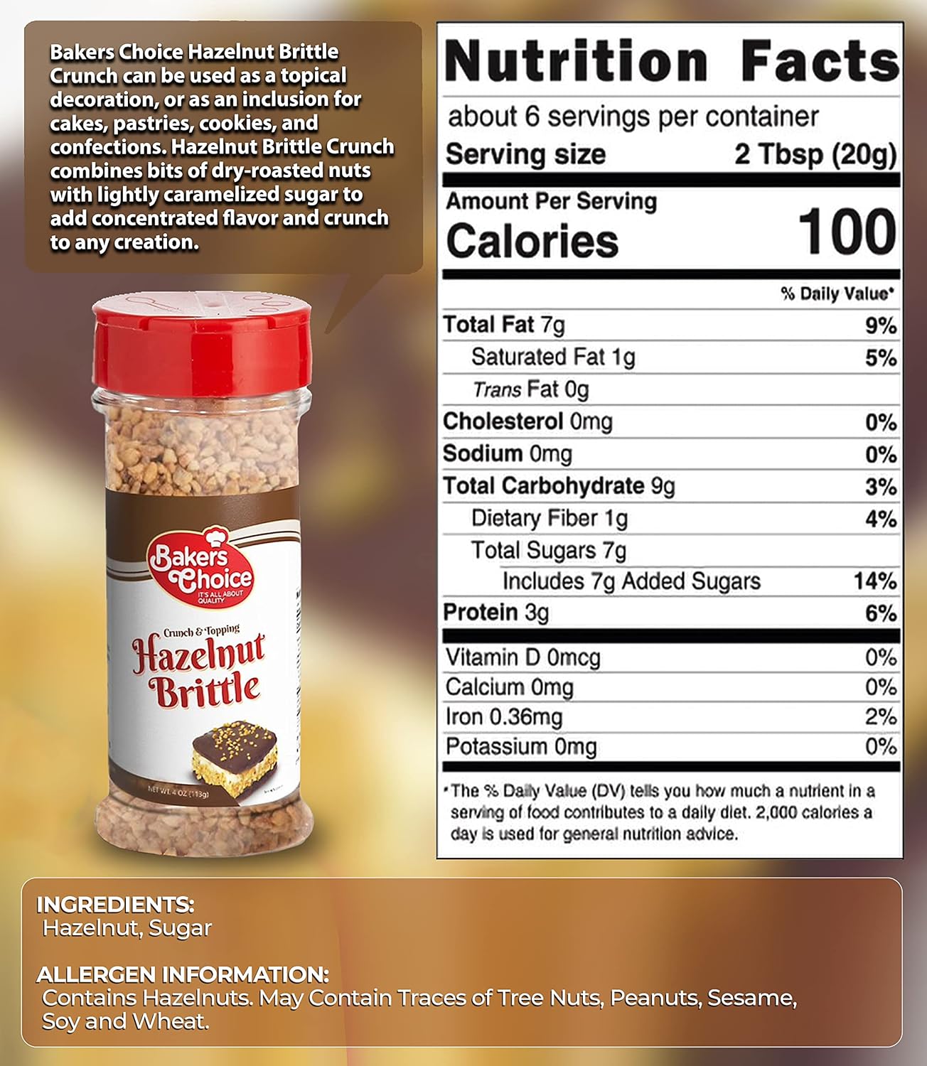 Baker’s Choice Avellana quebradiza crujiente  cobertura de helado de postre de nuez  Para helado, helados, cupcakes o batidos  Sin lácteos, Kosher