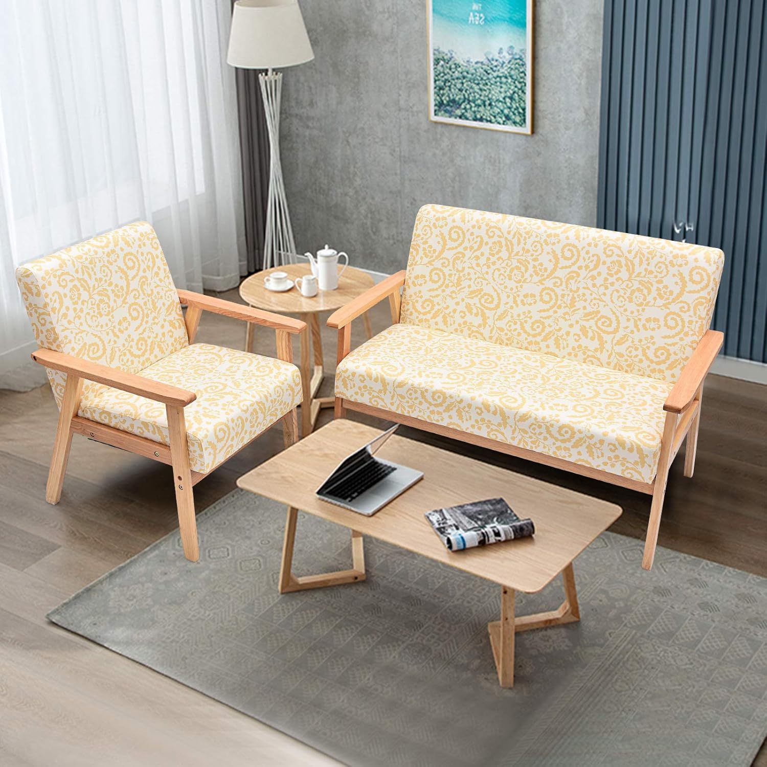 Giantex Mid-Century – Juego de sillas decorativas de madera de dos plazas, silla decorativa de madera tapizada con madera de caucho, bonito patrón,