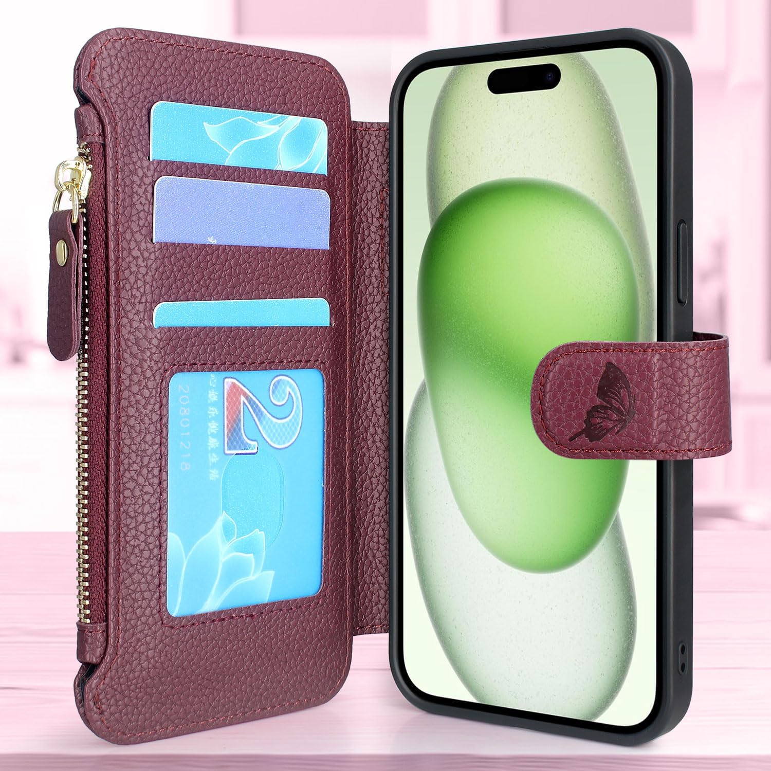 Lacass Compatible con MagSafe Case Wallet para iPhone 15 PlusiPhone 14 Plus de 6.7 pulgadas, 3 tarjeteros con cremallera de piel, cierre magnético,
