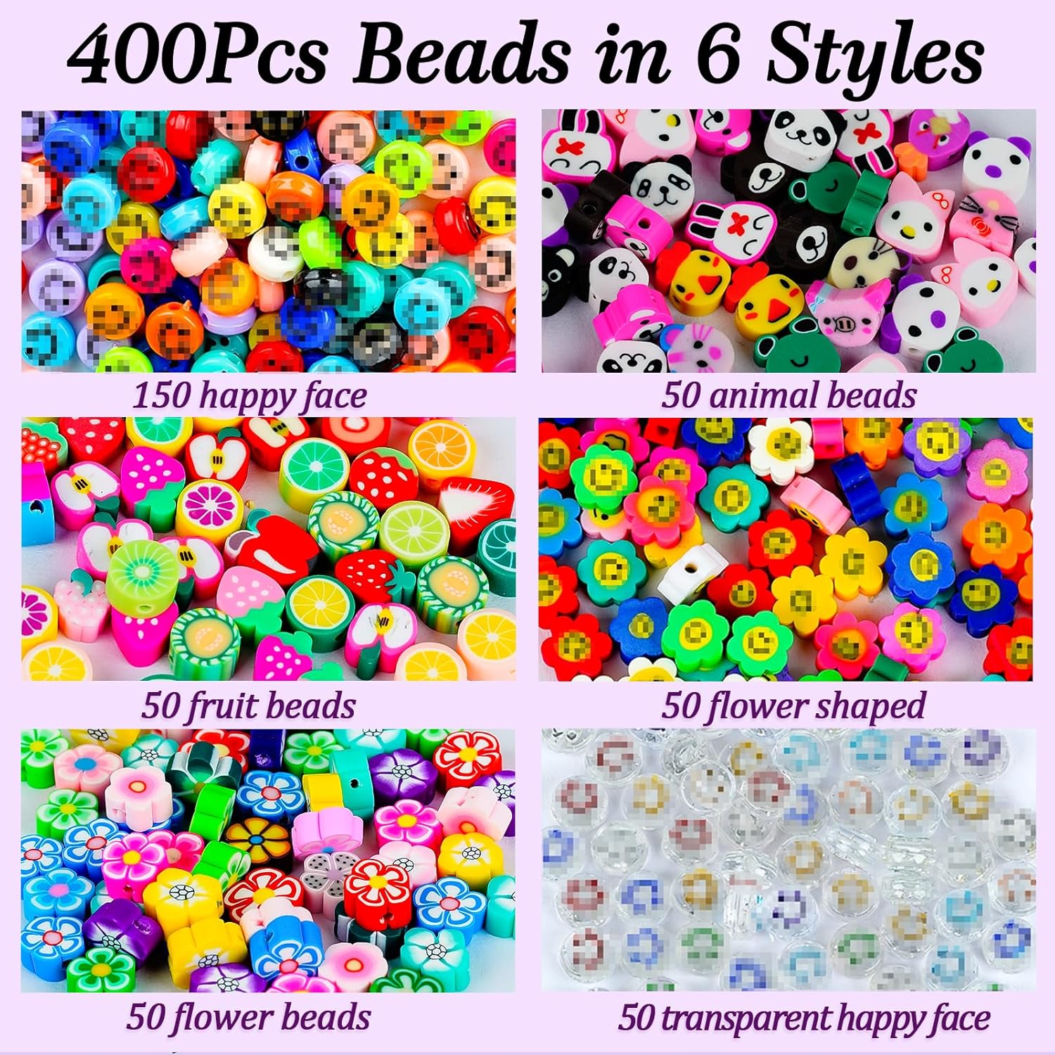 400 cuentas acrílicas de cara feliz para niñas, mezcla colorida de frutas y animales, forma de flor, cuentas de arcilla polimérica, caras felices,
