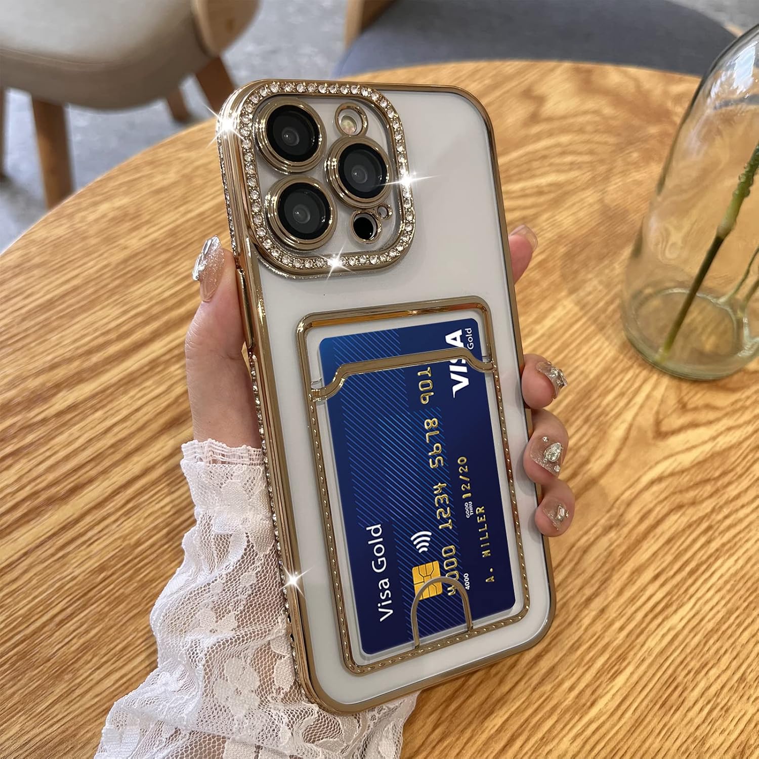 MZELQ Funda tipo cartera chapada para iPhone 14 Pro, tarjetero con diamantes con purpurina brillante, protección para cámara, funda de lujo + 2