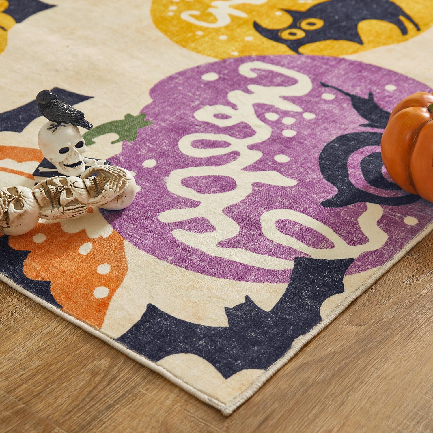 jinchan Alfombra de pasillo de Halloween de 3 x 6 pies, bonita alfombra de calabaza, gato negro, murciélago, alfombra suave y cómoda, alfombra de