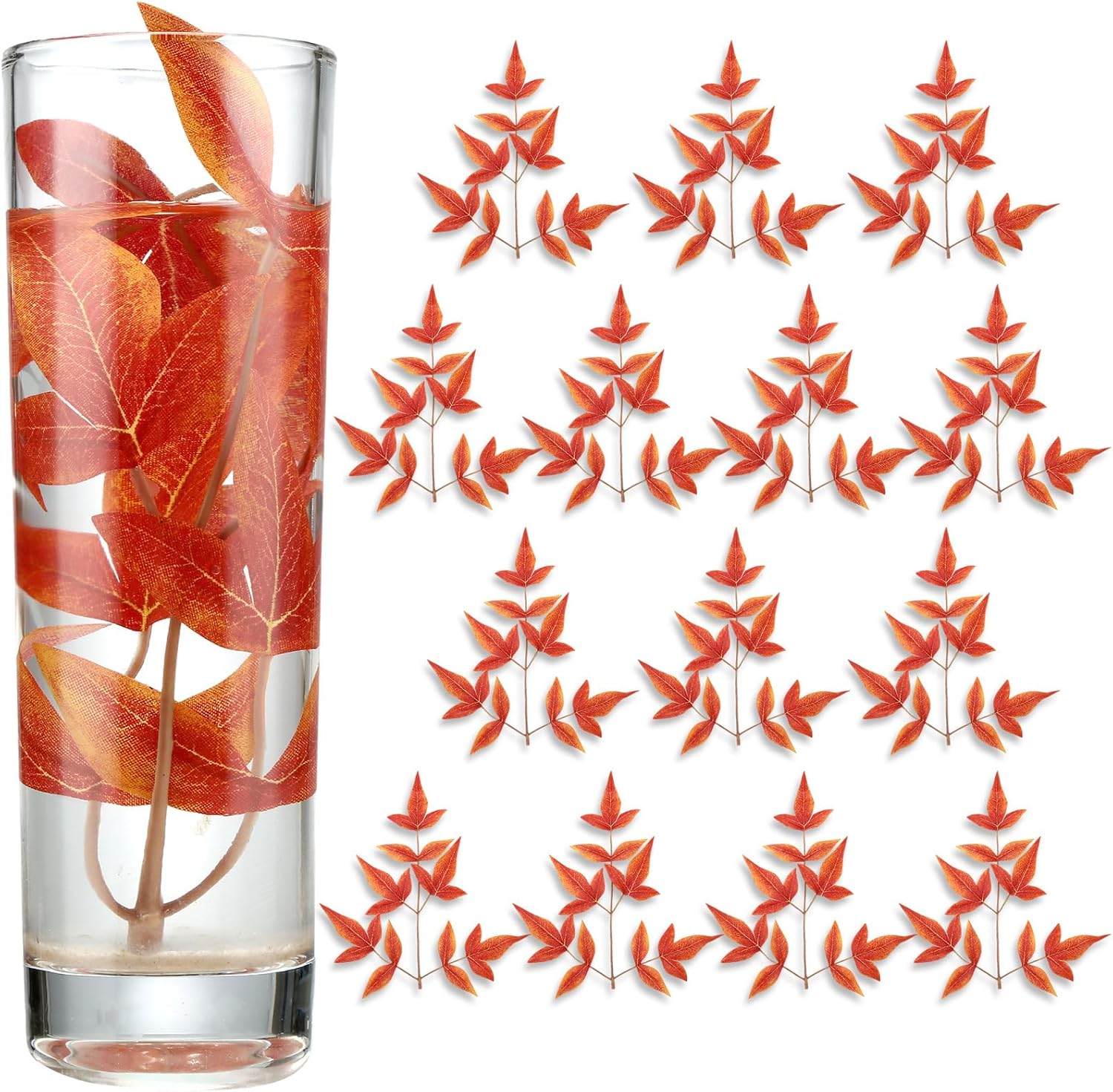 50 mini agujas artificiales de pino de eucalipto y hojas de arce para velas flotantes, rellenos de jarrones de tallo de hojas flotantes para otoño,