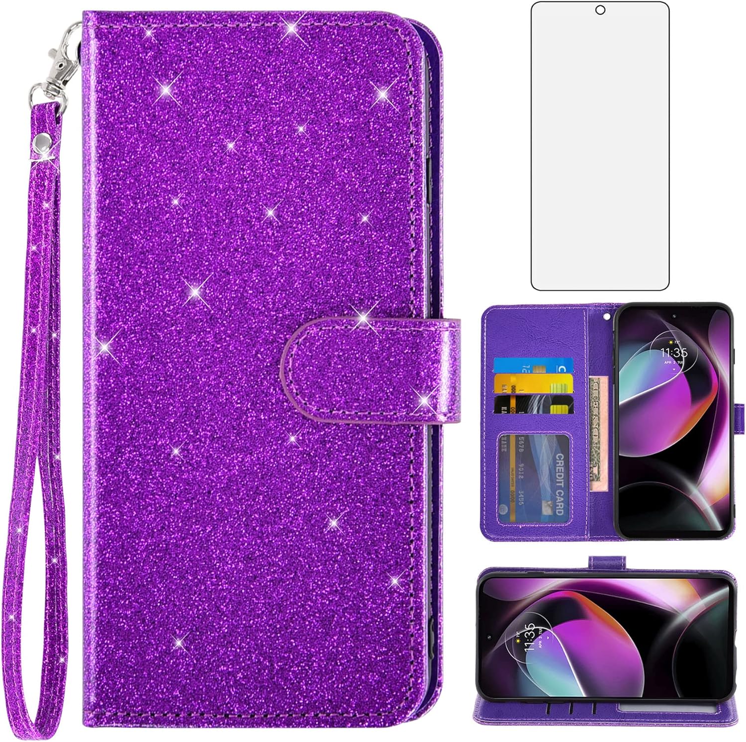 Asuwish Funda de teléfono para Motorola Moto G 5G 2022 con protector de pantalla de vidrio templado y cartera con purpurina, soporte para tarjetas,
