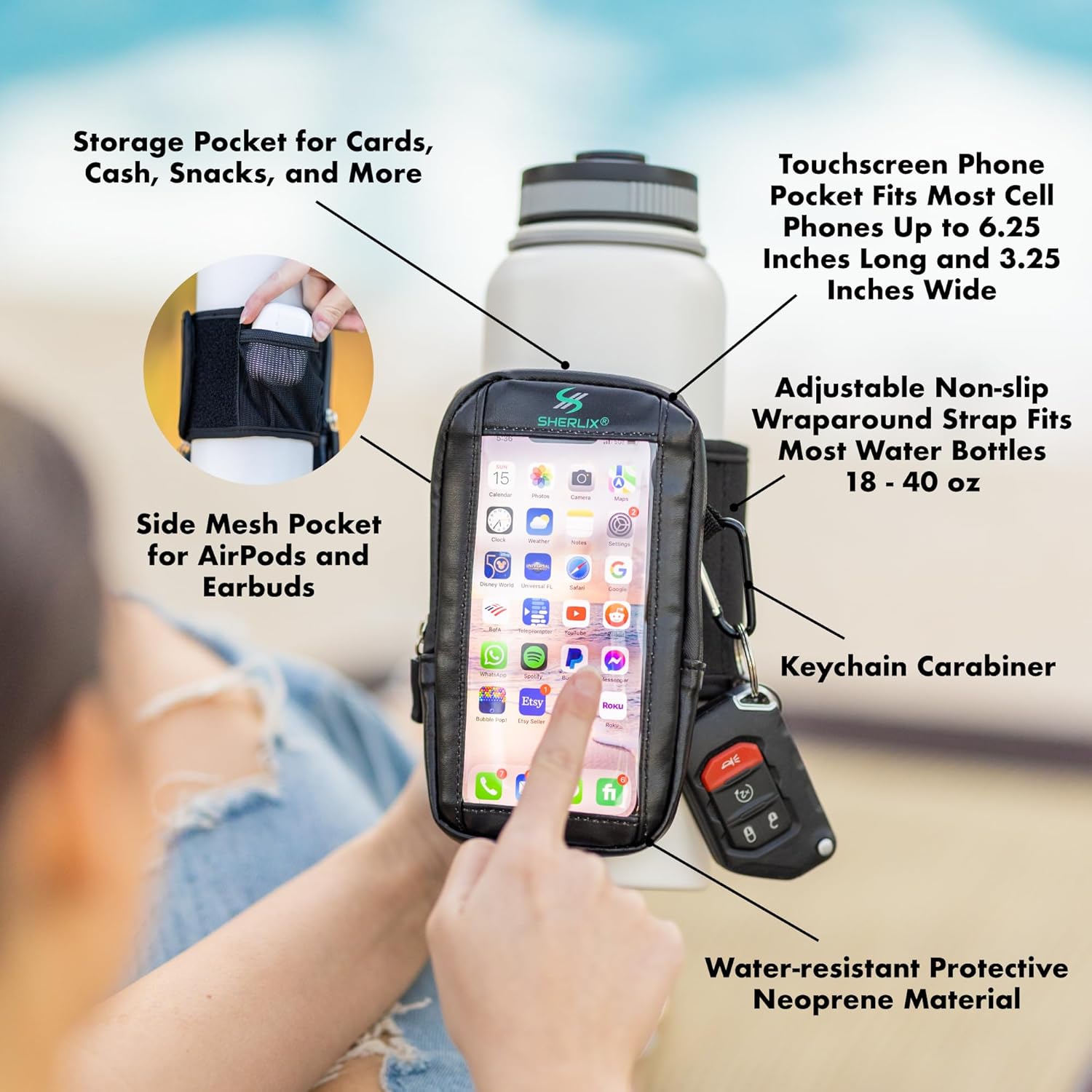 Bolsa para botella de agua de gimnasio con bolsillo impermeable para accesorios para pantalla táctil para teléfono. Llavero mosquetón, bolsillo