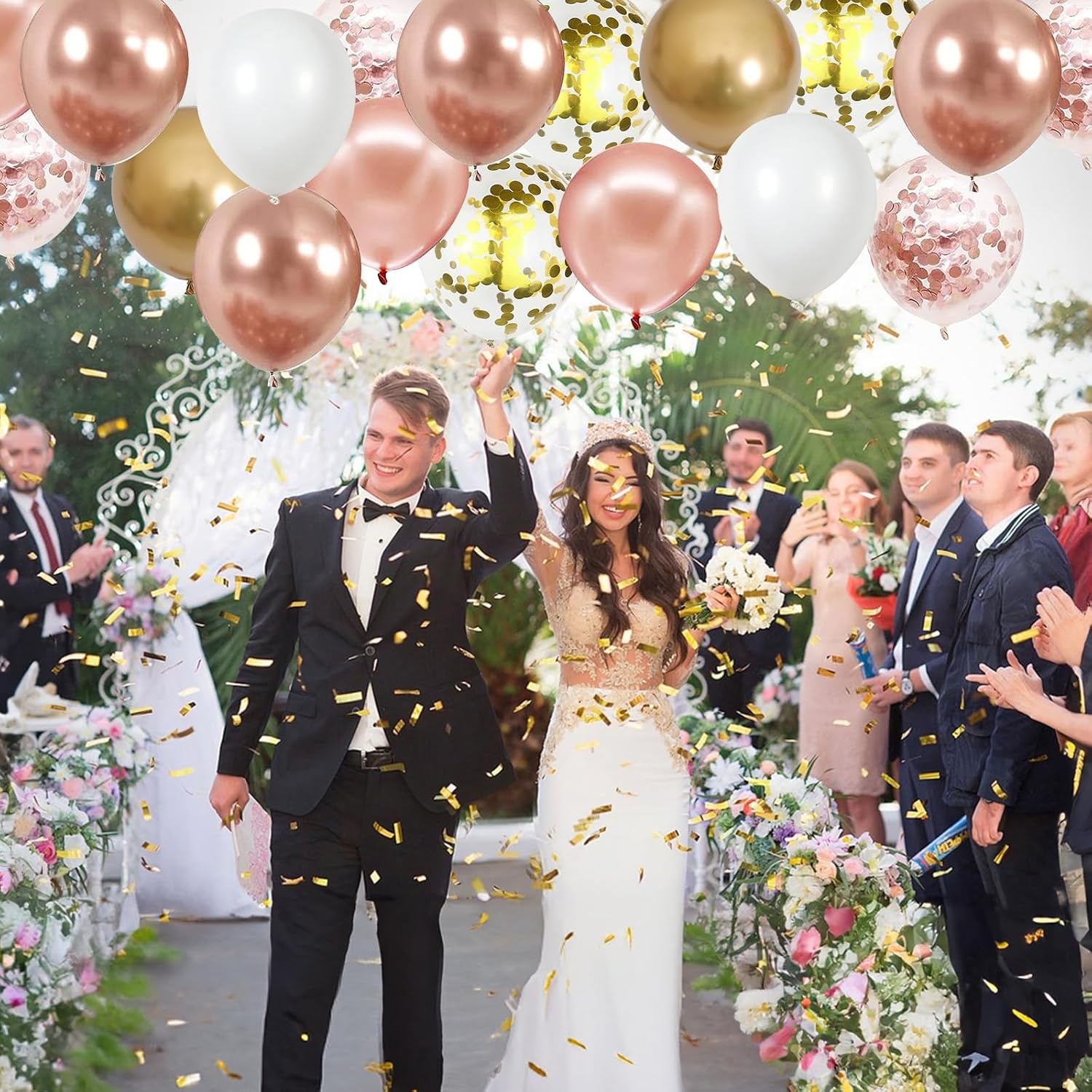Globos de confeti de oro rosa, 60 paquetes de globos de fiesta de oro rosa metálico de 12 pulgadas y oro cromado con cinta para niñas y mujeres,