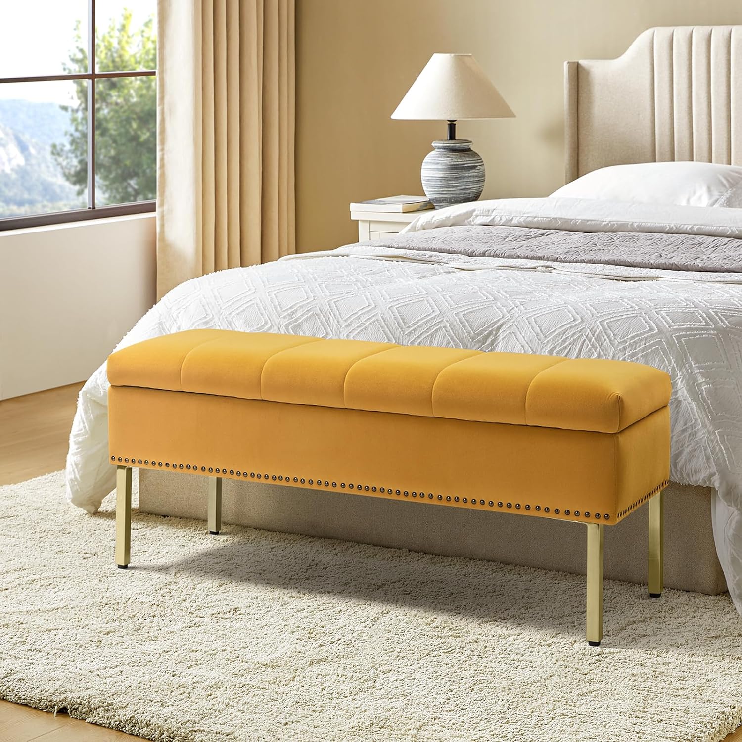 HULALA HOME Banco otomano moderno de terciopelo con tapa abatible con borde de clavos, banco tapizado para dormitorio para el extremo de la cama,