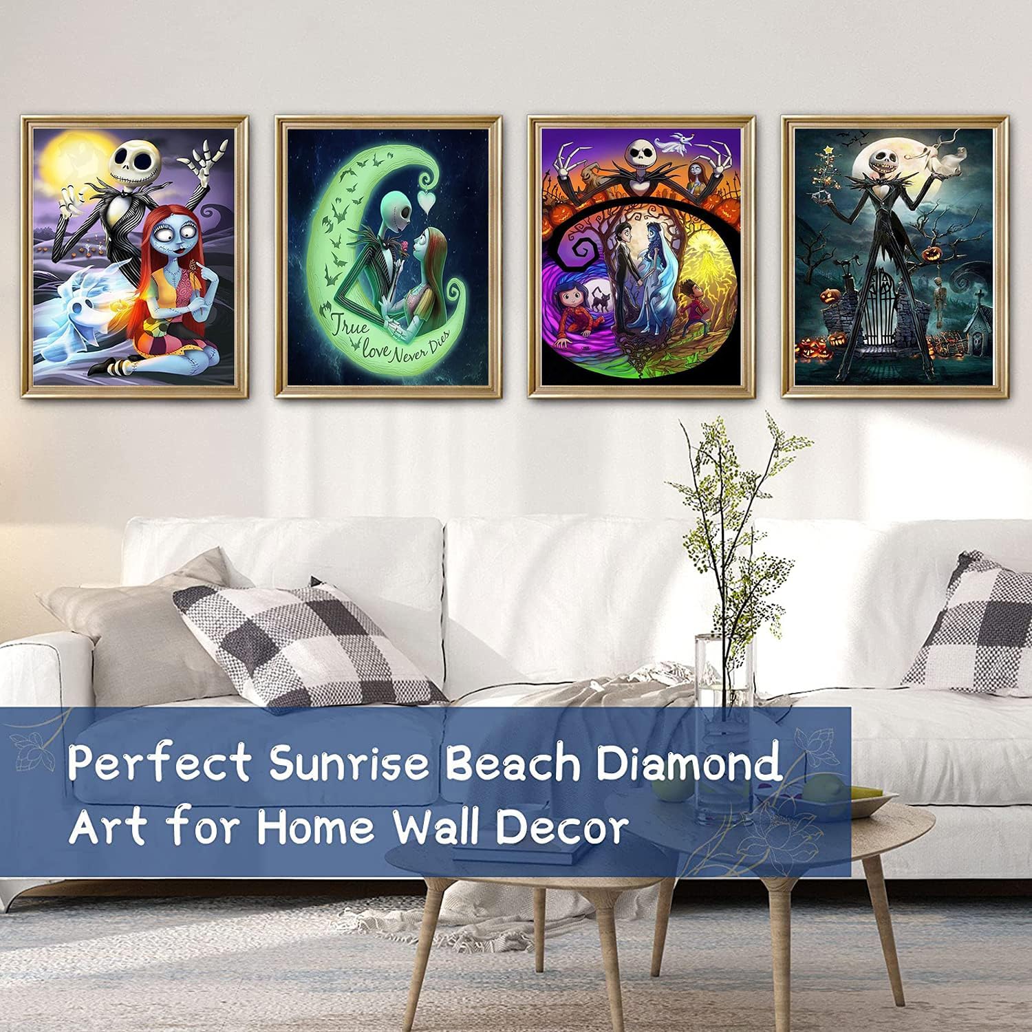 GemZono Paquete de 4 kits de pintura de diamantes para adultos y niños, bricolaje 5D Jack&Sally de Halloween con diamantes redondos, kit de pintura