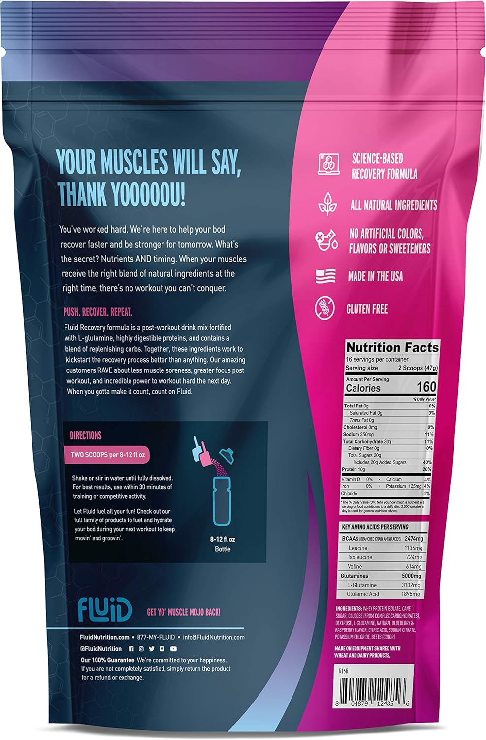 Fluid Recovery – Mezcla de bebida después del entrenamiento, proteína aislada de suero de leche, L-glutamina, carbohidratos, todos los ingredientes