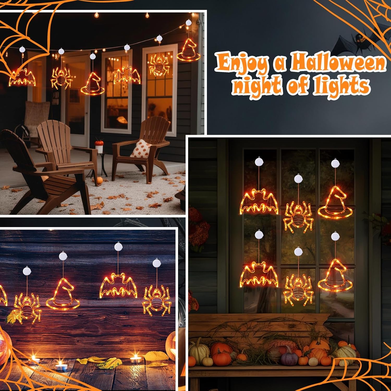 6 luces de Halloween para ventana, luces colgantes de ventana, luces naranjas, araña, fantasma, luces LED naranjas con ventosa para decoración de