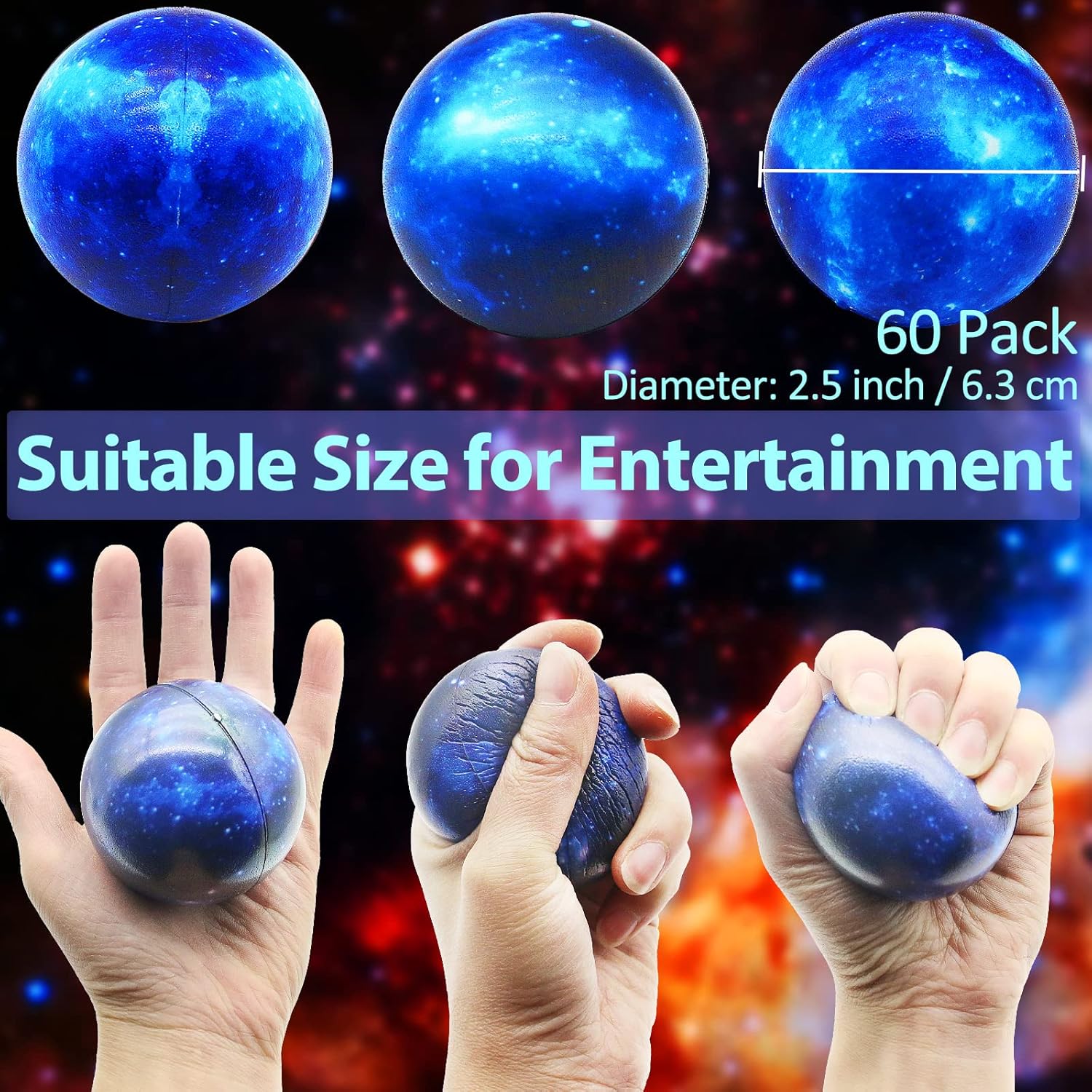 Paquete de 60 bolas de estrés de galaxia a granel para niños y adultos de 2.5 pulgadas, bolas sensoriales para aliviar el espacio exterior, bolas