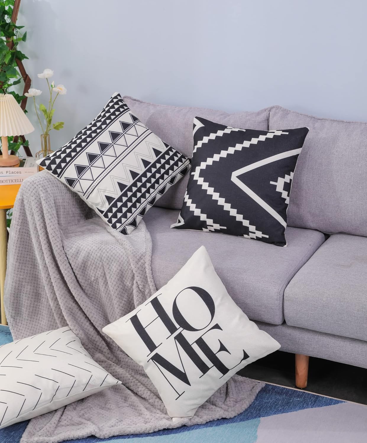 Juego de 4 fundas decorativas de 16 x 16 pulgadas para sofá, fundas cuadradas en blanco y negro para cojines de cama y decoración de sala de estar