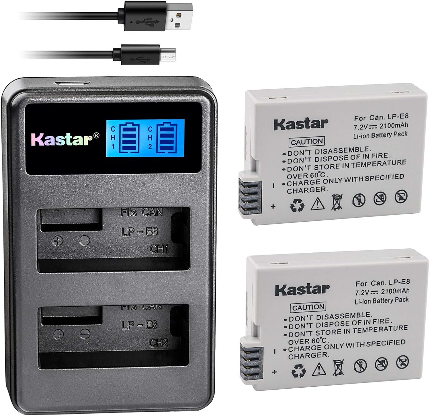 Kastar Batería (X2) y cargador LCD Dual Slim para Canon LP-E8, LC-E8E y Canon EOS 550D, EOS 600D, EOS 700D, EOS Rebel T2i, EOS Rebel T3i, EOS Rebel