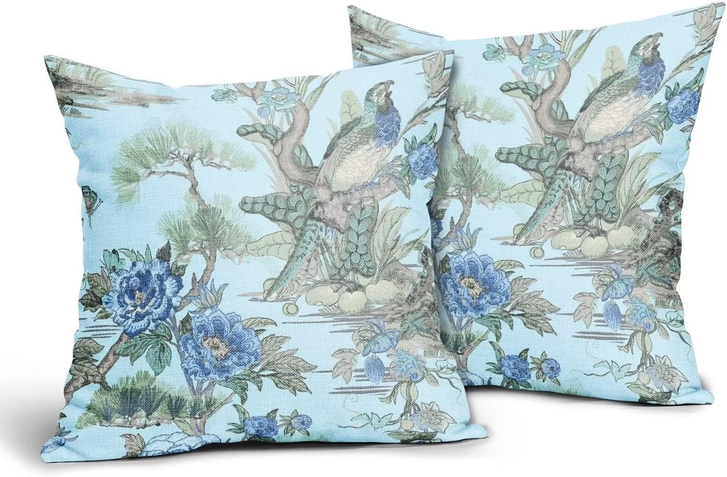 Juego de 2 fundas de almohada de 18 x 18 pulgadas con diseño de flores azules y pájaros, fundas de almohada decorativas de lino con acuarela