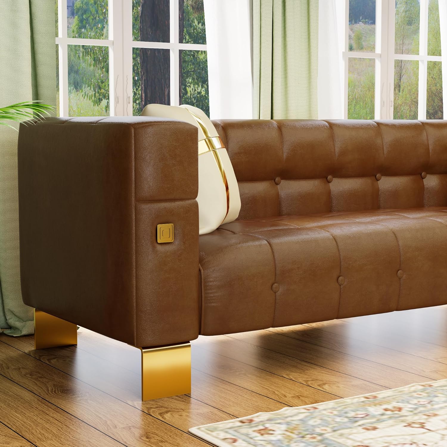 Sofá moderno de piel sintética con patas de metal dorado, sofá Chesterfield de poliuretano impermeable de 88.98 pulgadas, sofás copetudos de lujo