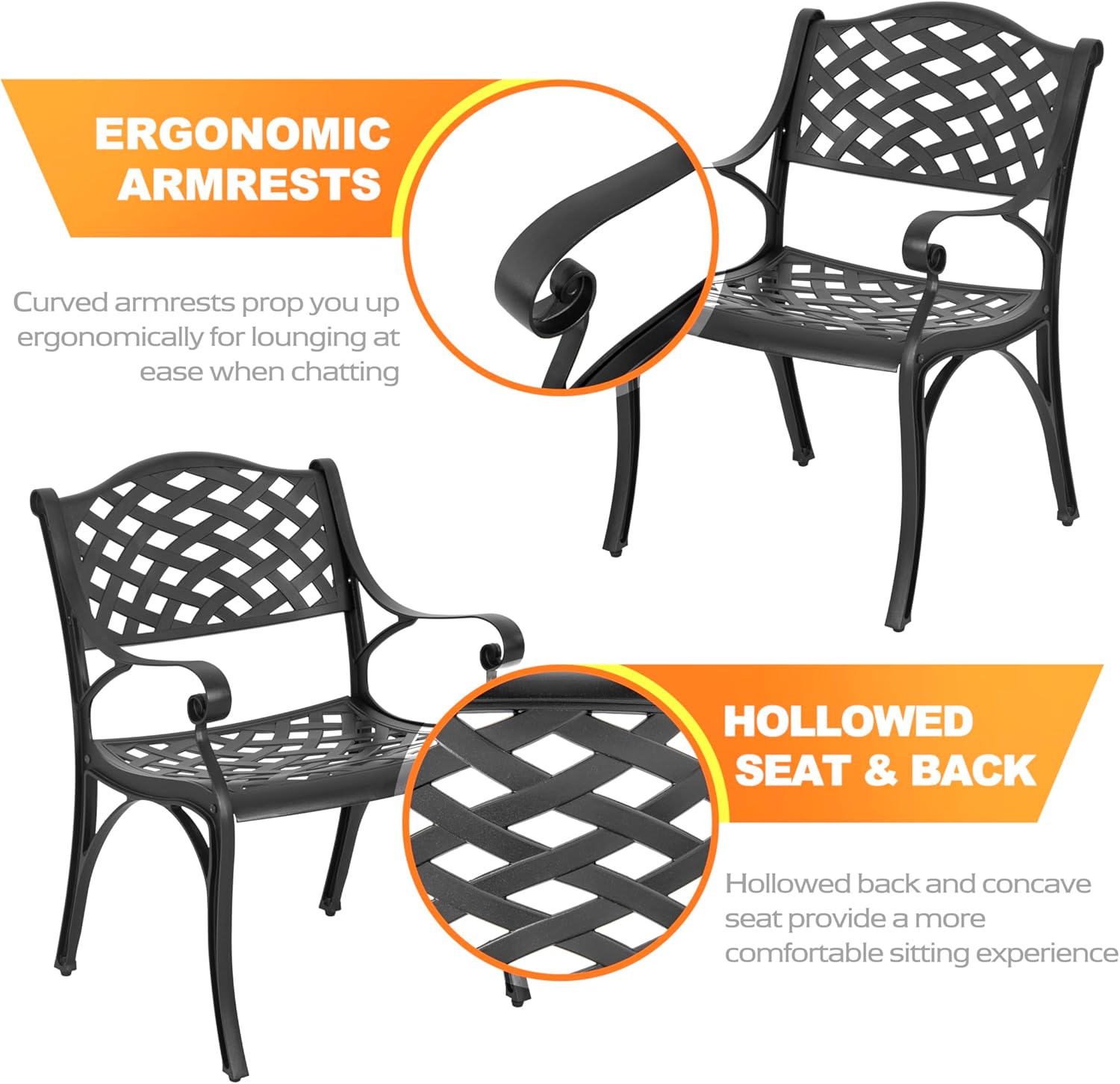NUU GARDEN Juego de 2 sillas de comedor de aluminio, para interiores y exteriores, con brazos para jardín, patio, porche, color negro con motas