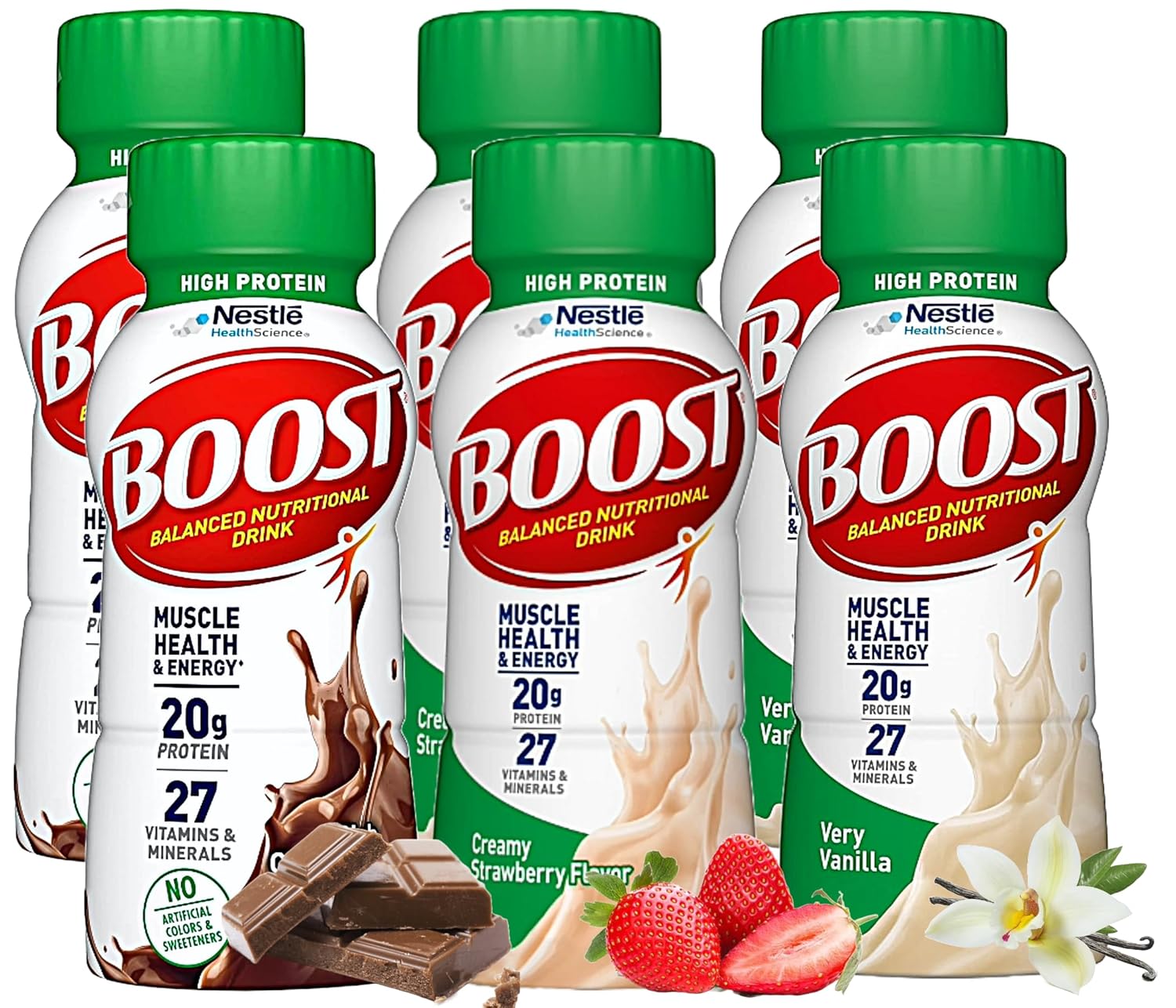 Boost Balanced – Variedad de batidos nutricionales  Alto en proteínas  Sabores de chocolate, fresa, vainilla  0.71 onzas de proteína, 27 vitaminas y
