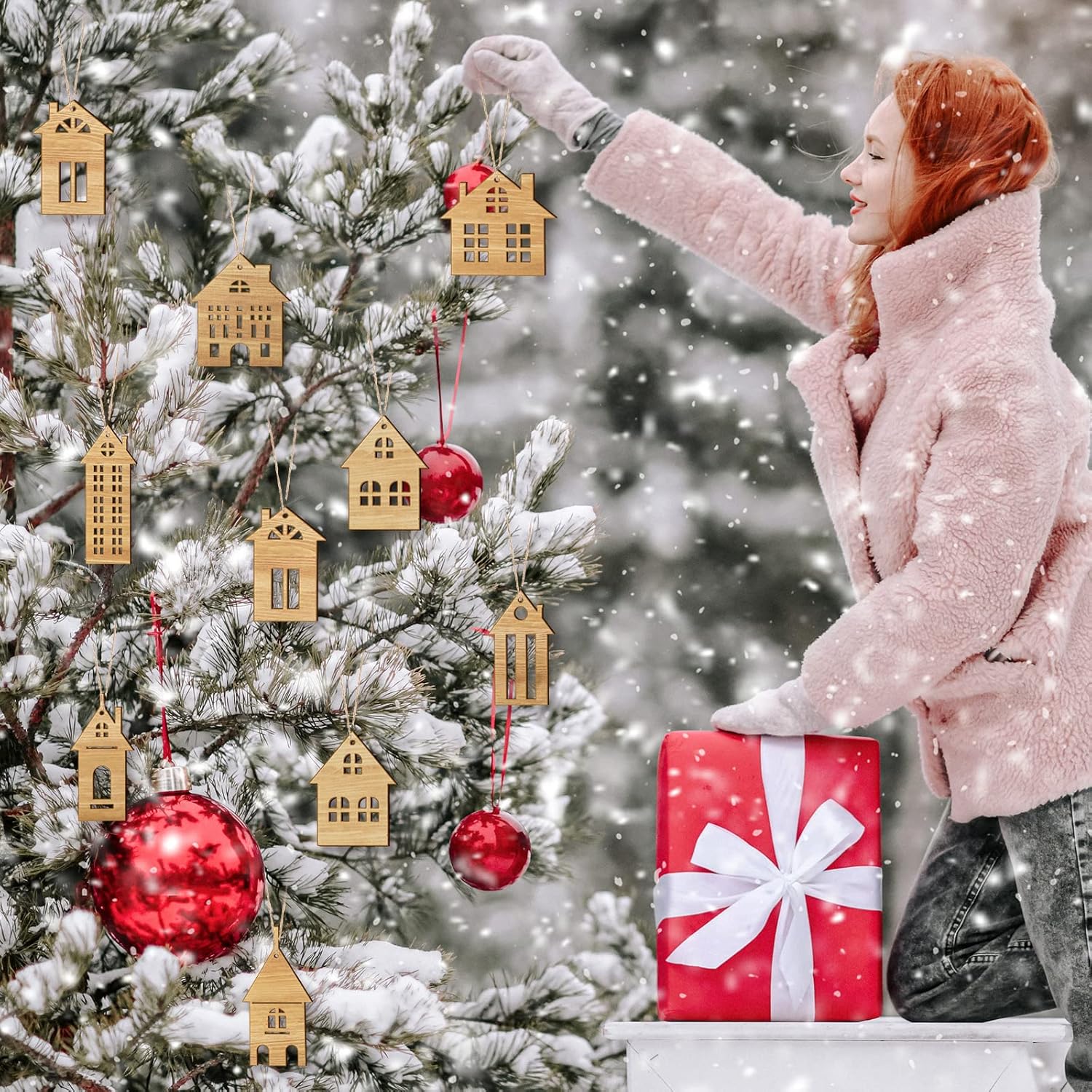 Unittype 18 adornos de madera de Navidad para el árbol de Navidad, adornos de madera en forma de casa, adornos colgantes de madera de doble cara,