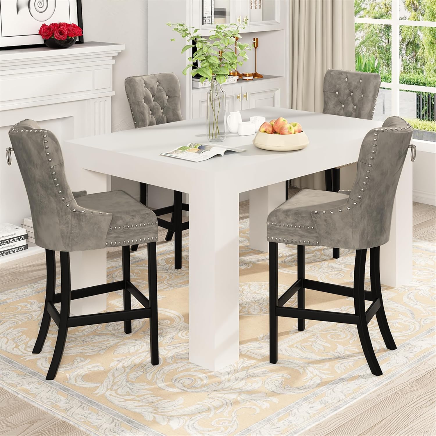 Recaceik Juego de 2 taburetes de bar de terciopelo con altura de mostrador, taburetes de bar tapizados con respaldo, taburete de cocina de 27