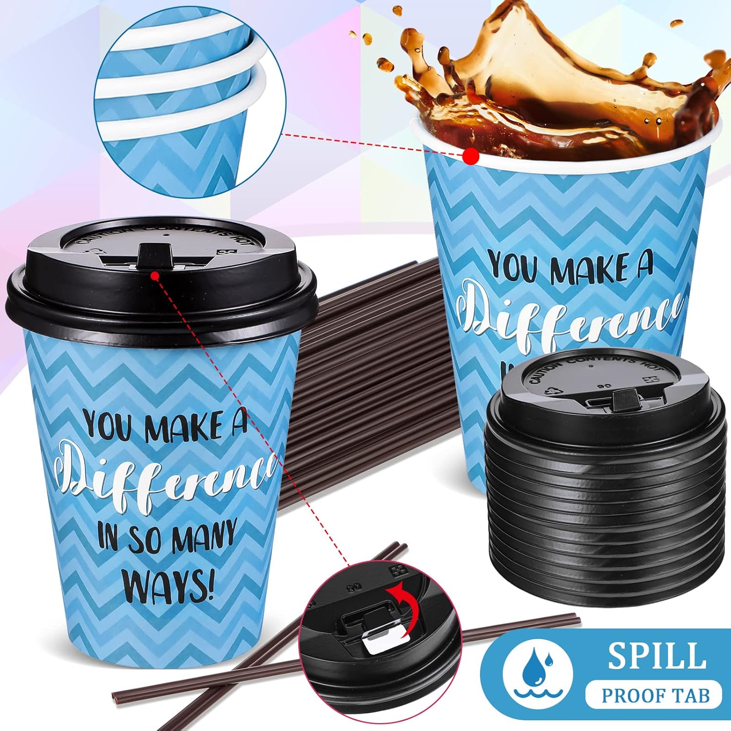 Gerrii Paquete de 100 tazas de café desechables con tapas y pajitas, tazas de papel motivacionales con 6 citas y diseños, tazas calientes