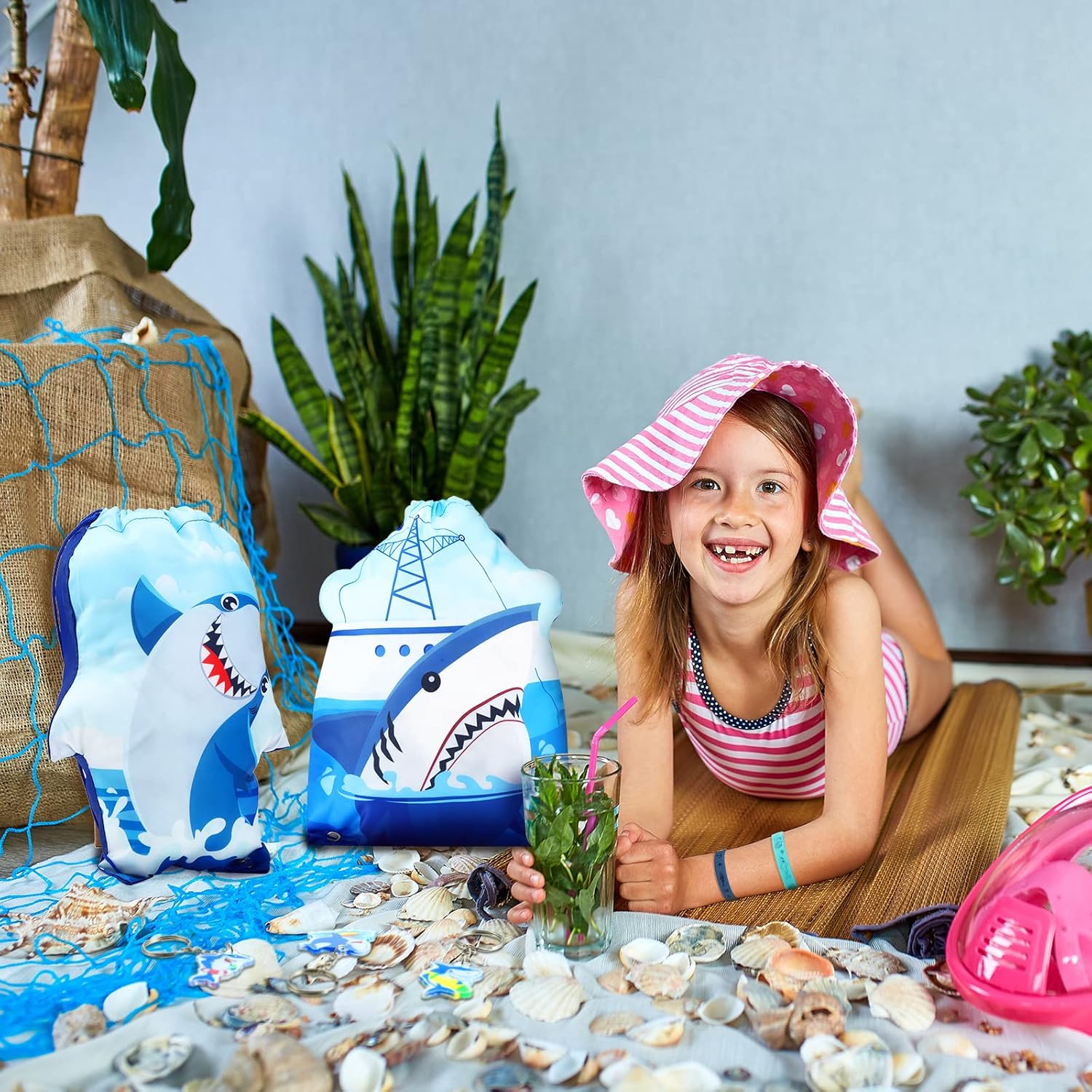 48 piezas de suministros de fiesta de tiburón, recuerdo de fiesta de piscina del océano azul para niños con 16 bolsas de cordón para fiesta de