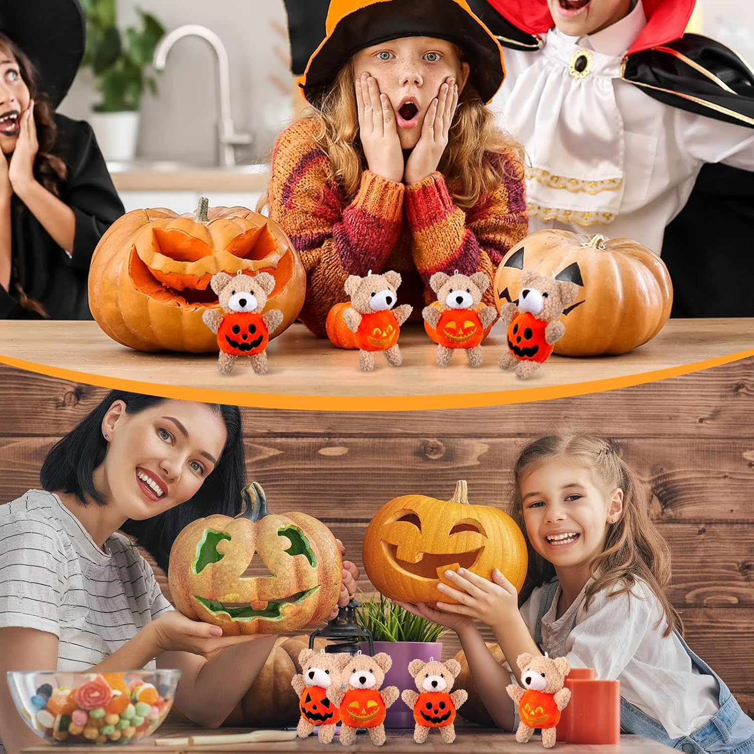 32 piezas de oso de peluche de Halloween con disfraz de calabaza de 4.7 pulgadas, mini oso de peluche con cuerda para colgar, muñeca de oso suave,