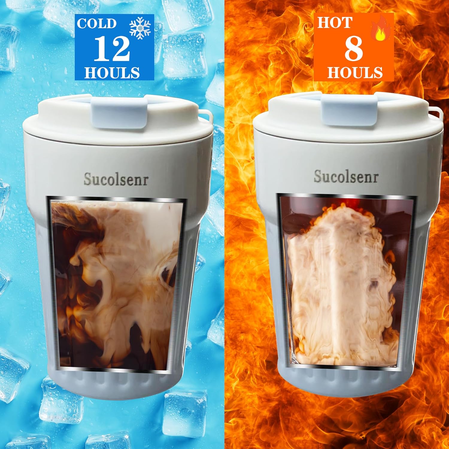 Sucolsenr Vaso de café aislado sellado a prueba de fugas aislado al vacío botella de acero inoxidable 304 viaje, llevar agua caliente y fría 14oz