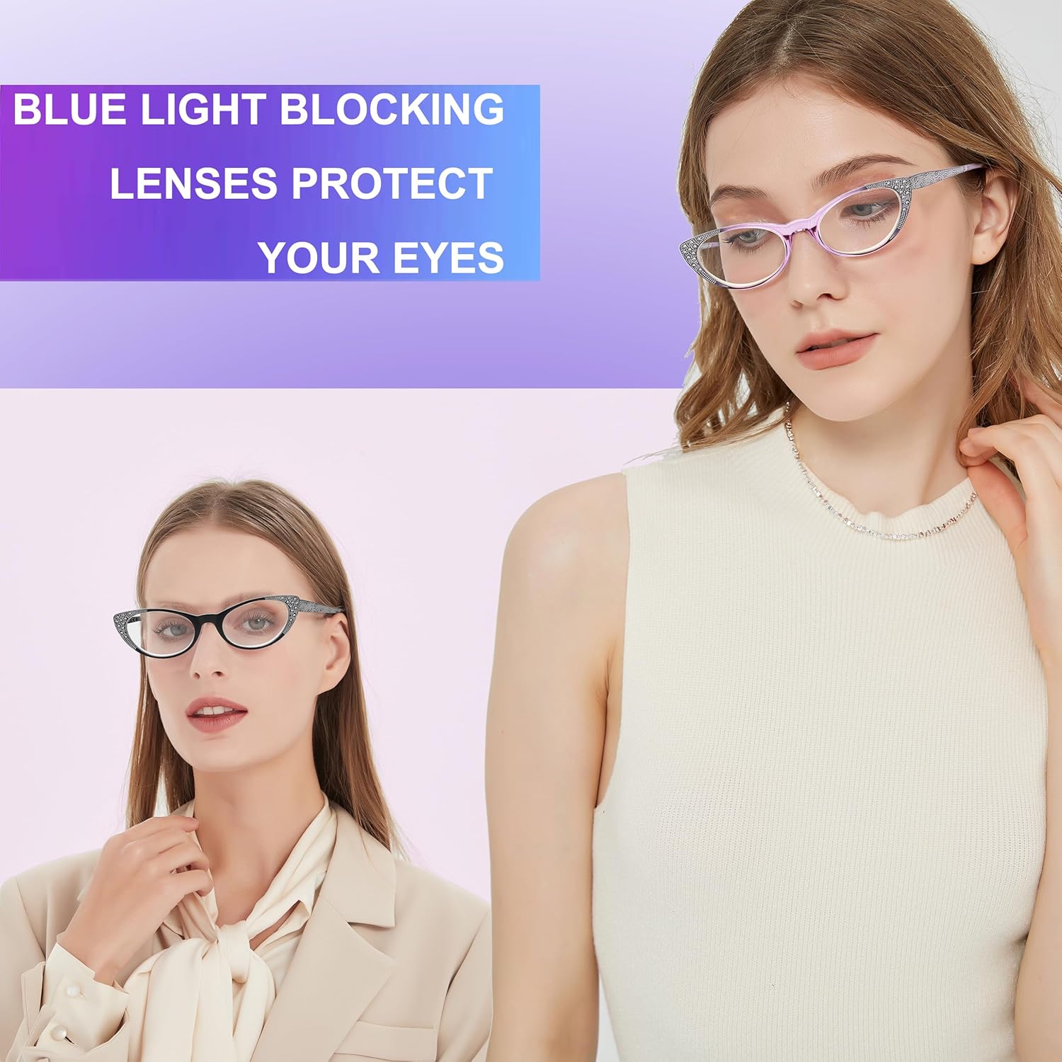 eyeezi Gafas de lectura con diseño de ojo de gato para mujer, bloqueo de luz azul, paquete de 6 unidades para lectores de moda para mujer con