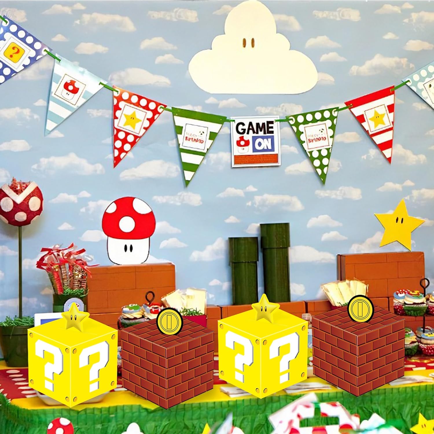 YOPENMOUNE Mario Party Treat Box 24 bolsas de regalo de bloques de ladrillos para videojuegos, suministros de decoración de regalos de fiesta