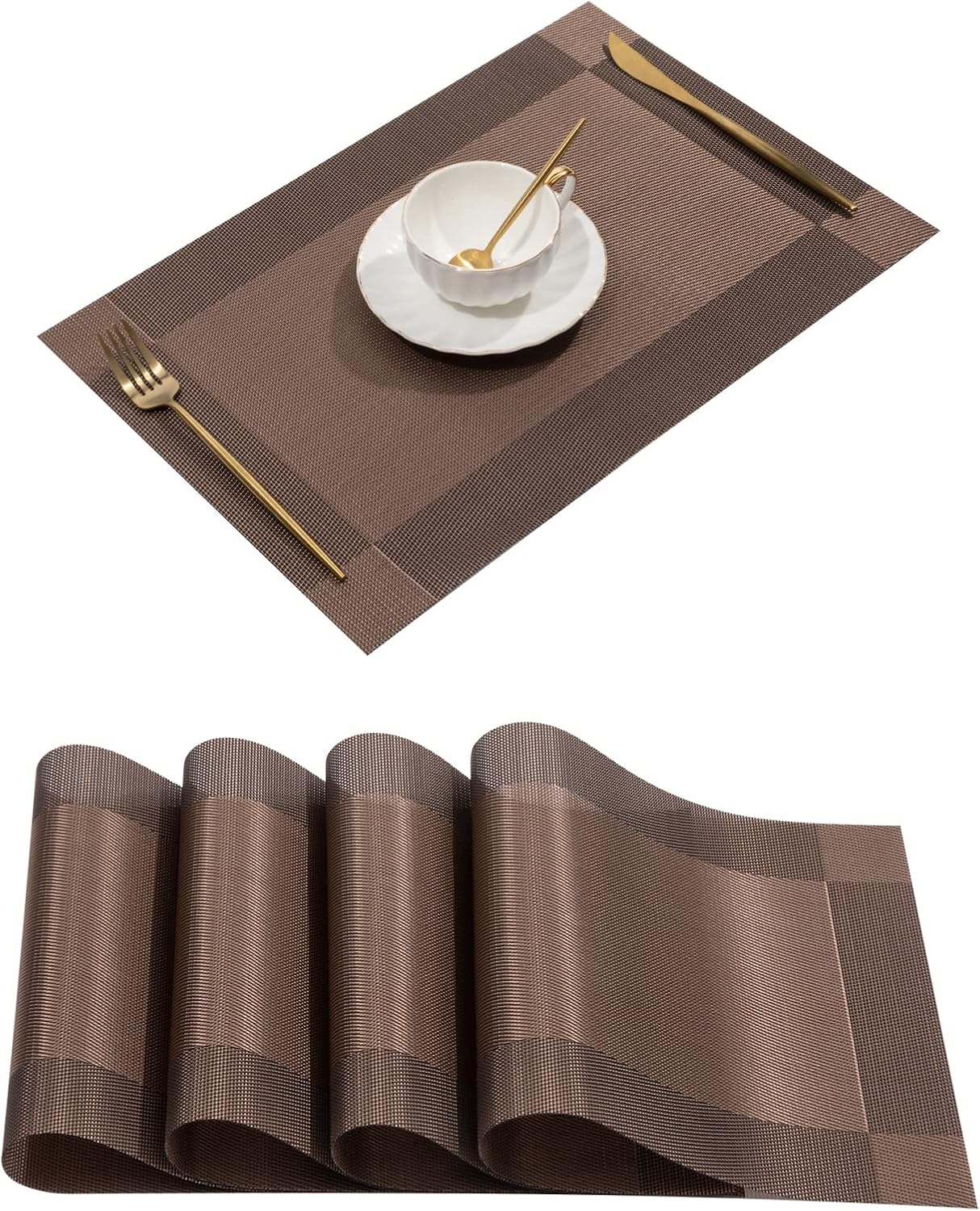 U’Artlines Mantel individual, de vinilo tejido cruzado, antideslizante, aislante, lavable, (4 manteles individuales, marrón)