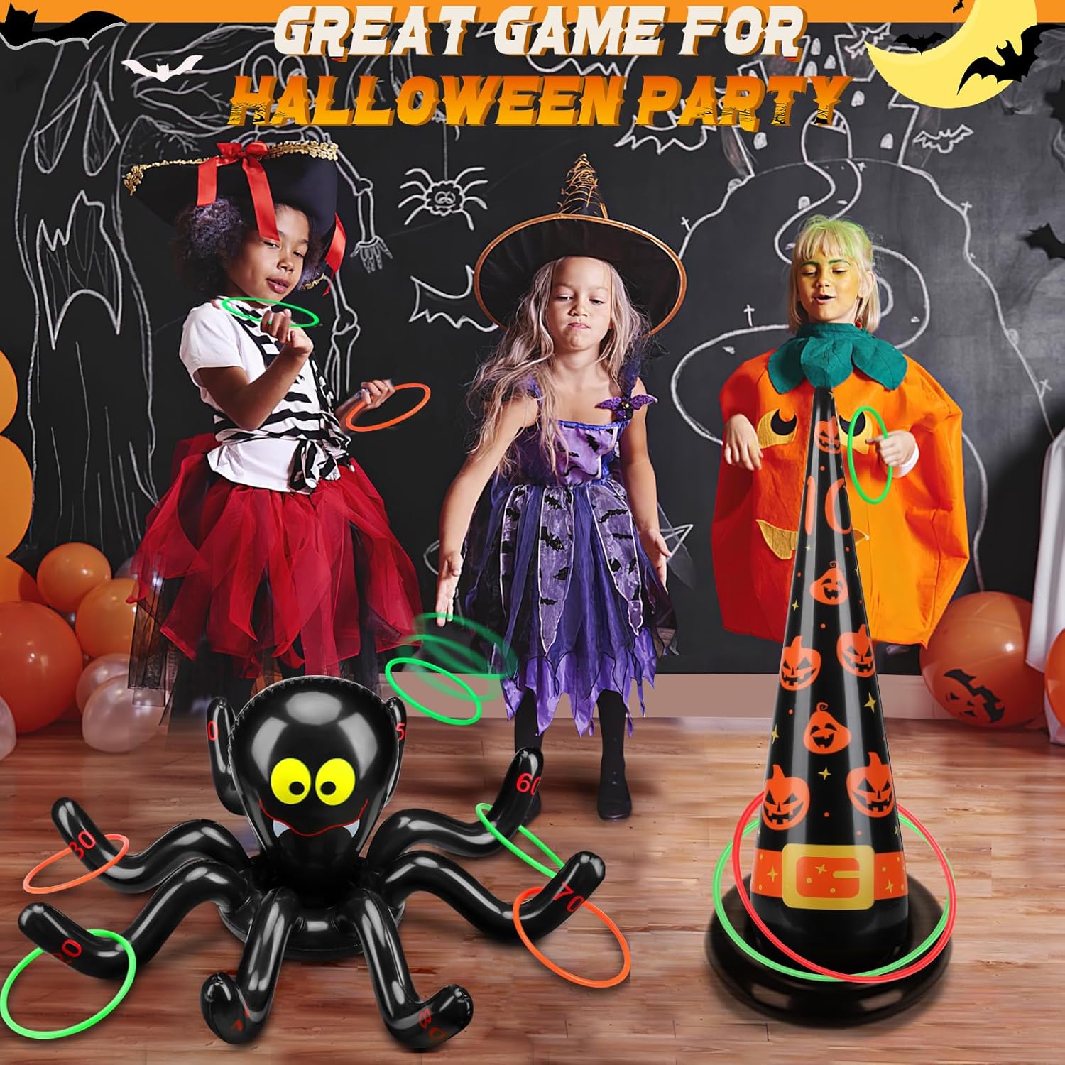 Narremcoy Halloween Inflatable Ring Toss Game with Score Sign – Premium Witch Hat Spiders Ring Toss Game for Halloween Indoor Outdoor Garden School